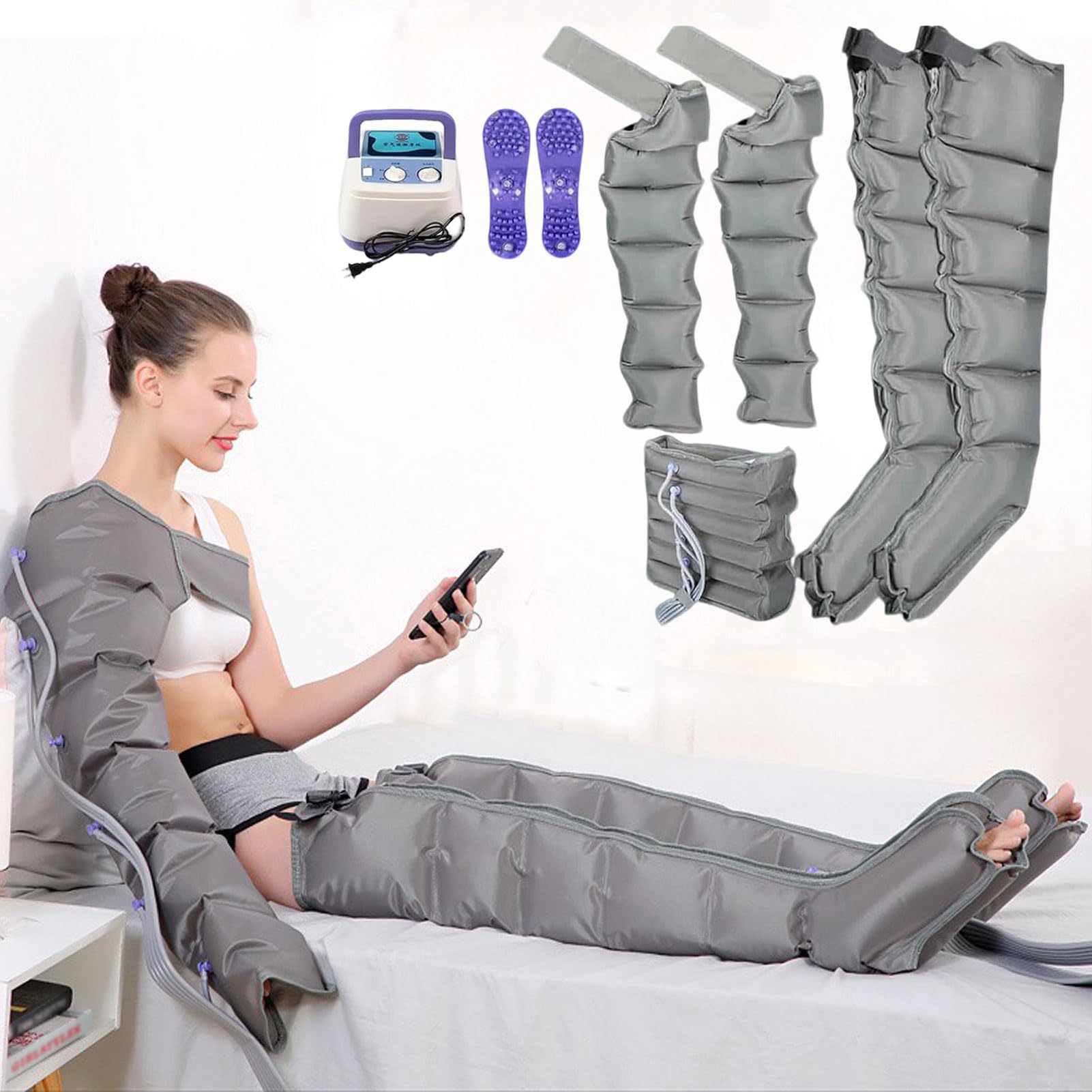 Pressoterapia per Casa per gambe e addome, Massaggiatore Elettrico a Compressione d'Aria, 6 Camere D'aria Pressoterapia Linfodrenaggio Con Funzione Di Cronometraggio, Grigio