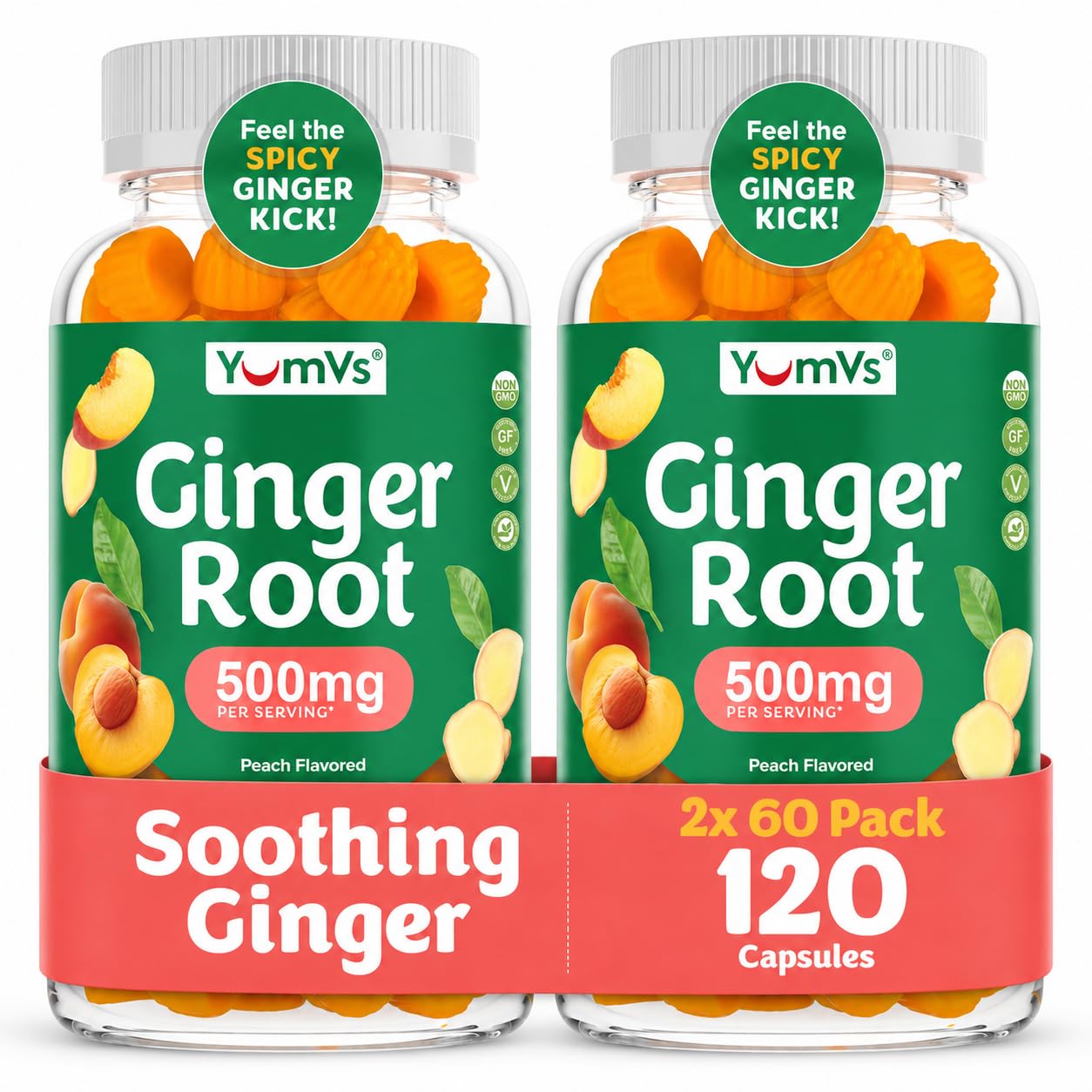 YUM-V'S Ginger Gummies 500 mg, Peach (60 Count, 2-Pack) 60 Count (Pack of 2)