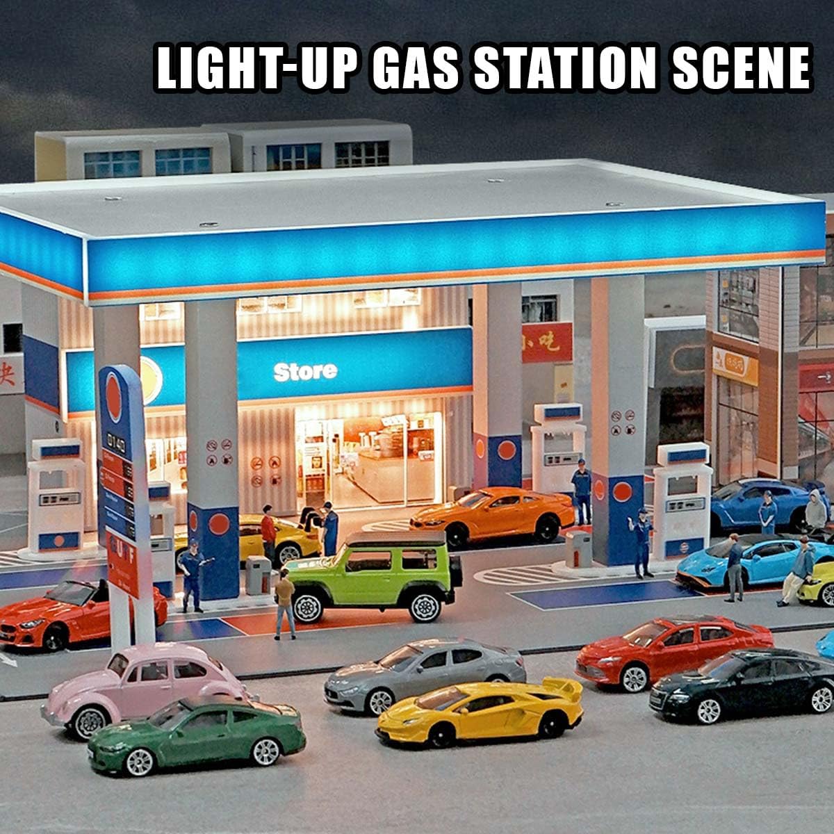 1/64 Scale Shell Gas Station Model, Highly Detailed Diorama Building with LED Lights, Miniature Building Model for Car Lovers(Cars/Figures Not Included)