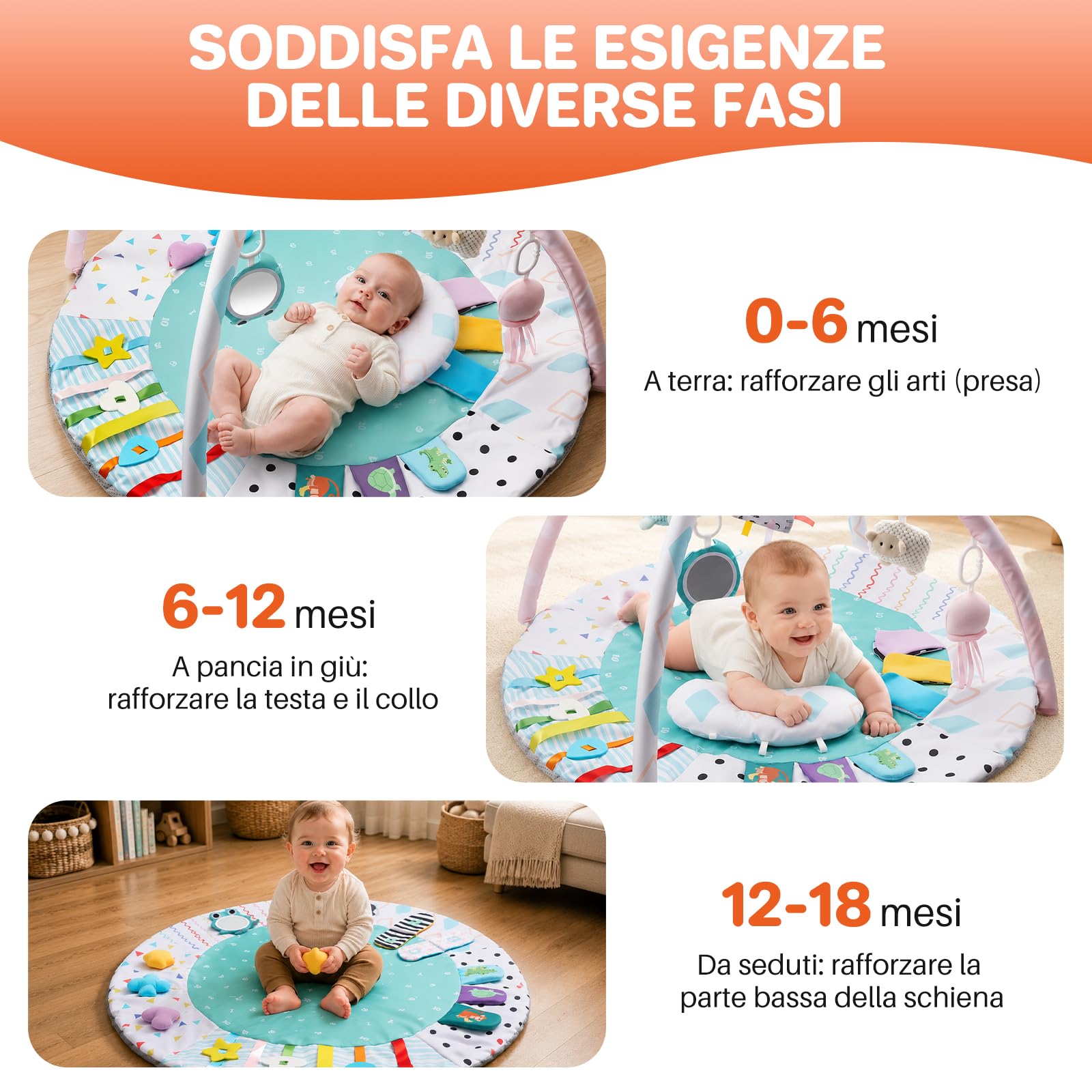 FUNYKICH Palestrina Neonato 0-18 Mesi con Tappeto Gioco Lavabile,5 Giochi Sensoriali Rimovibili, Base Antiscivolo,Centro Attività Bambino Pieghevole Regalo Neonato 95x95x52cm