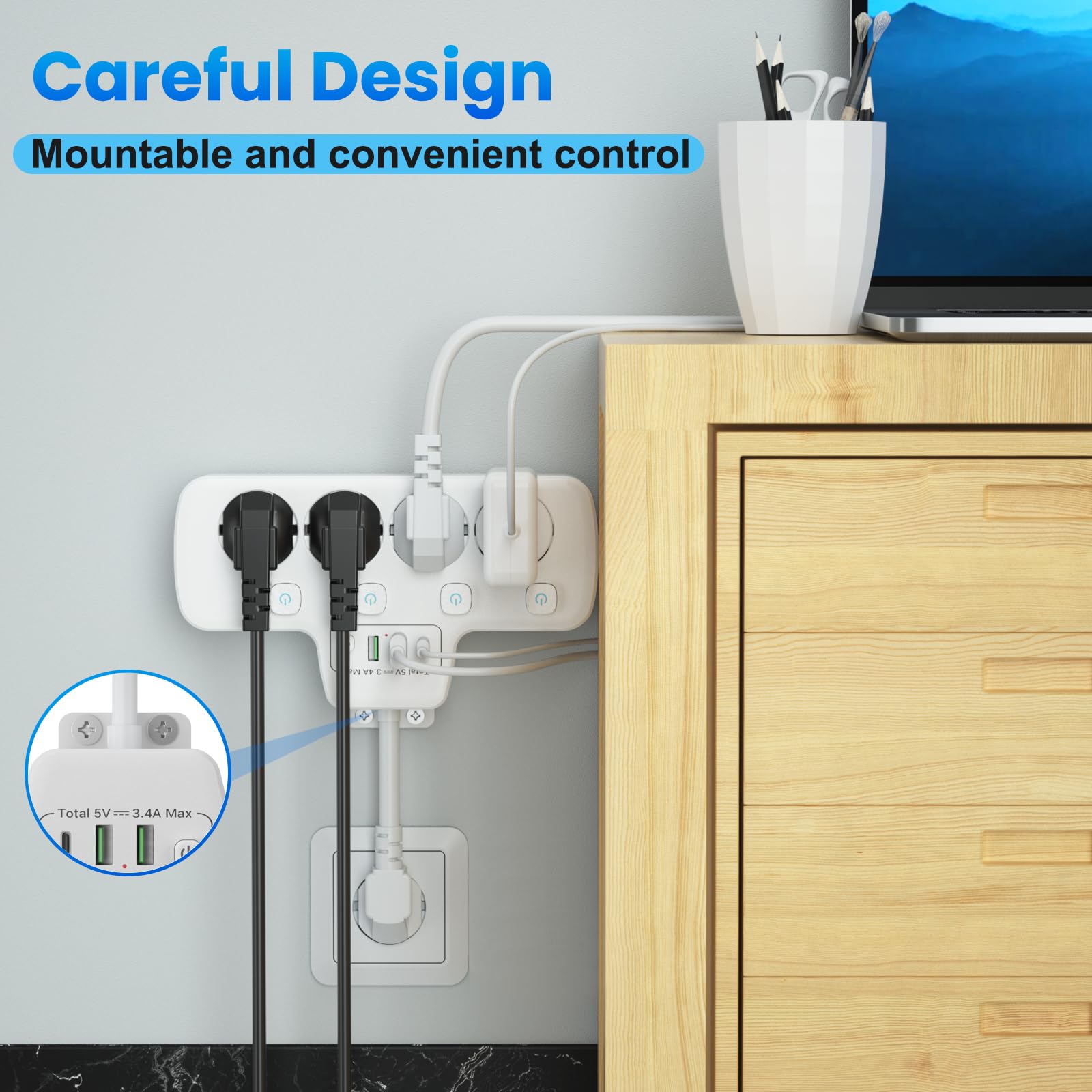 Ciabatta Multipresa con USB C,Presa Multipla Salvaspazio Ciabatta Elettrica con Interruttore 4 Presa Adattatore Schuko e 3 USB Carica Parete Multipresa da Scrivania Spina Tedesca Cavo Corto,Bianco