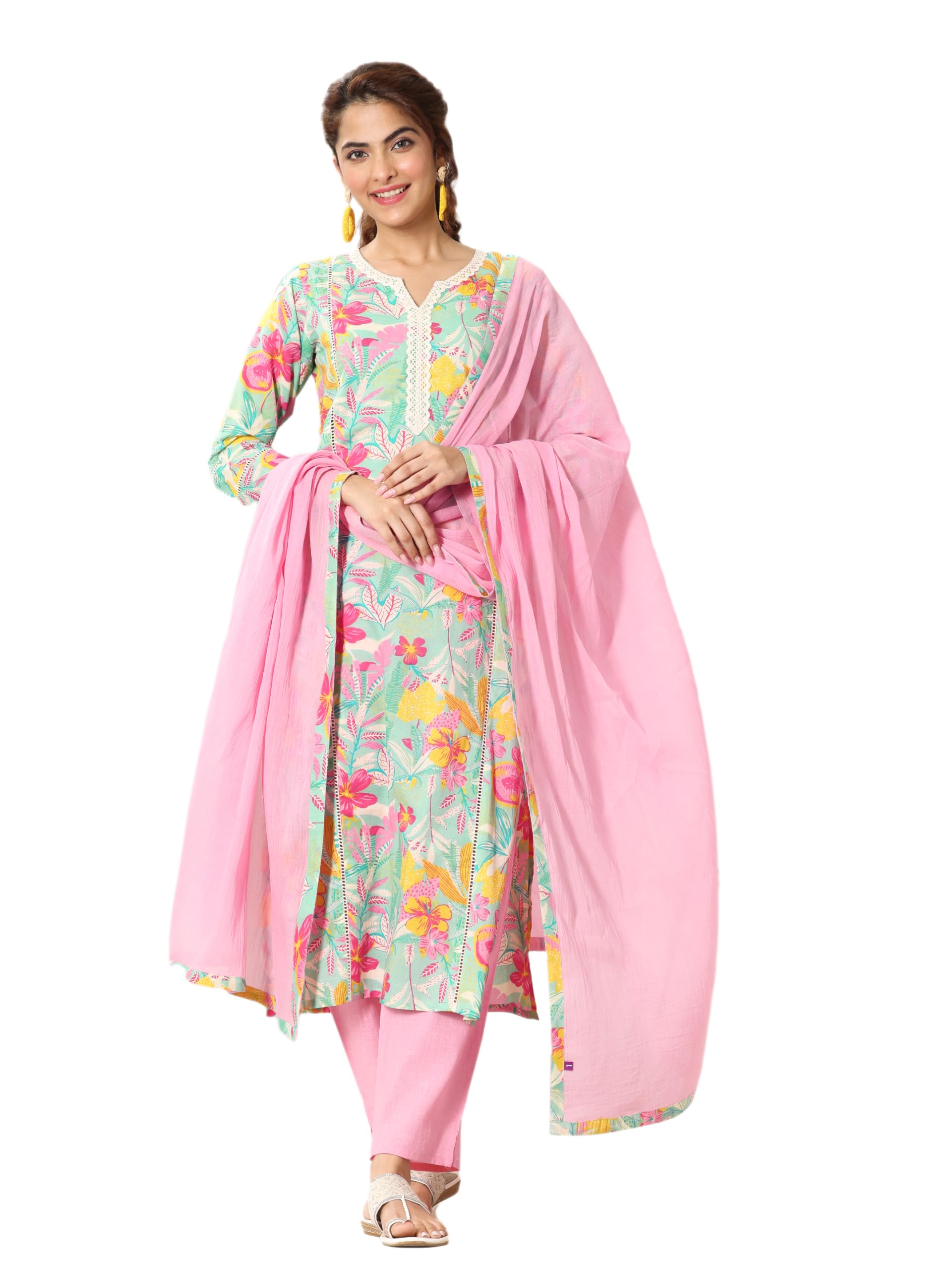 libas Womens Printed Cotton Straight Kurta With Trousers and Dupatta-picture-49