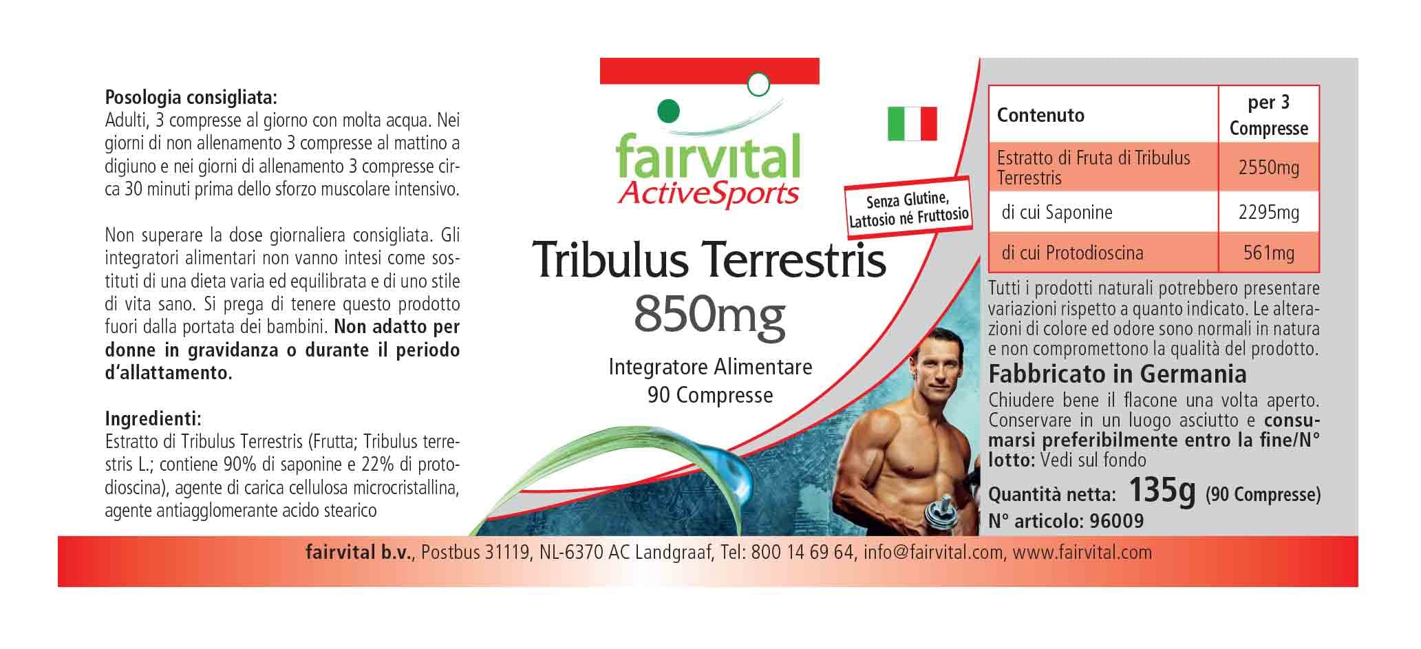 fairvital Estratto di Tribulus Terrestris 850 mg, 90 compresse, ALTO DOSAGGIO, 90% di saponine e 22% di protodioscina, VEGANO