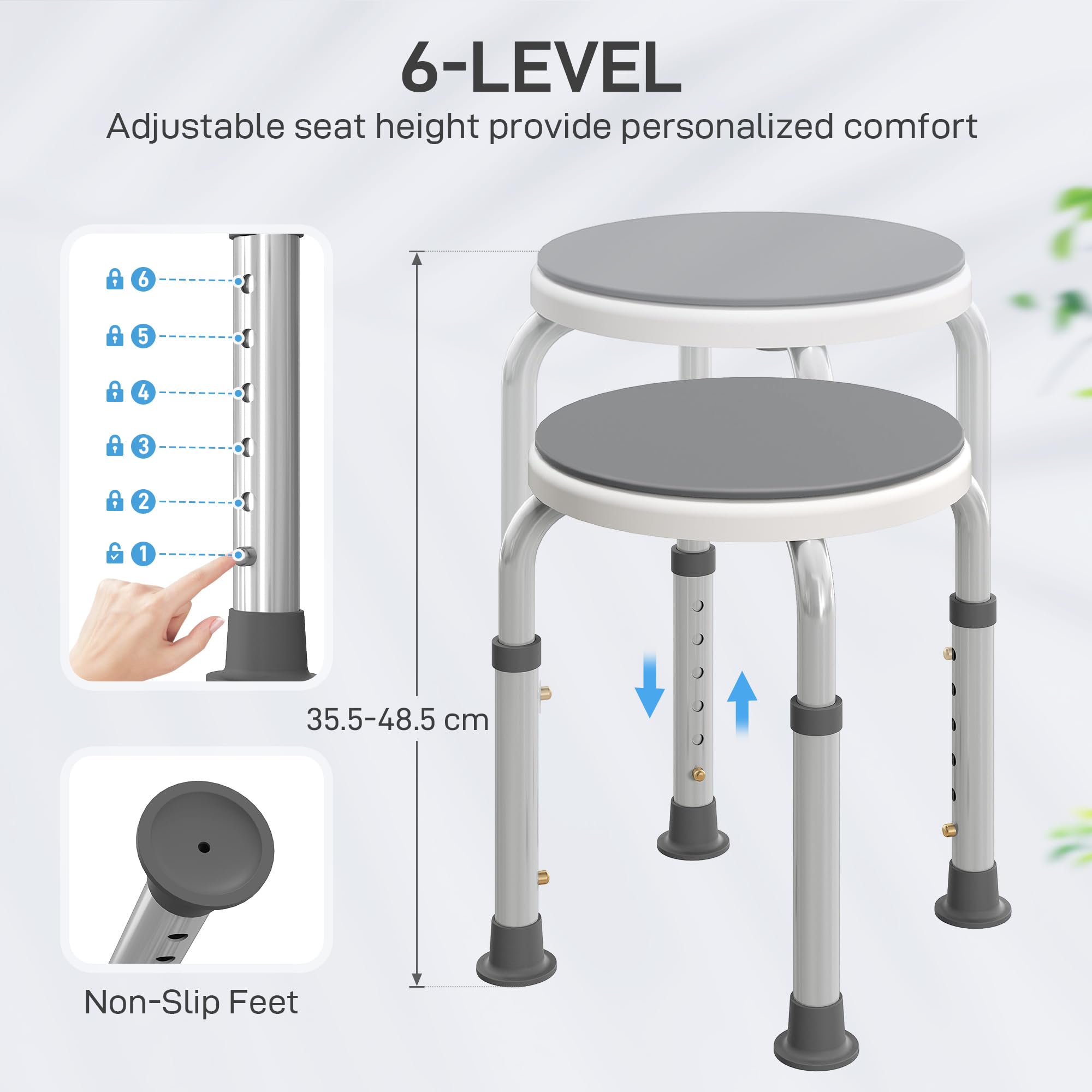 HOMCOM 360° Asiento Giratorio Taburete Ducha Altura Ajustable Gris | Silla de ducha, marco de aluminio, pies antideslizantes, soporte seguro, asistencia en el hogar