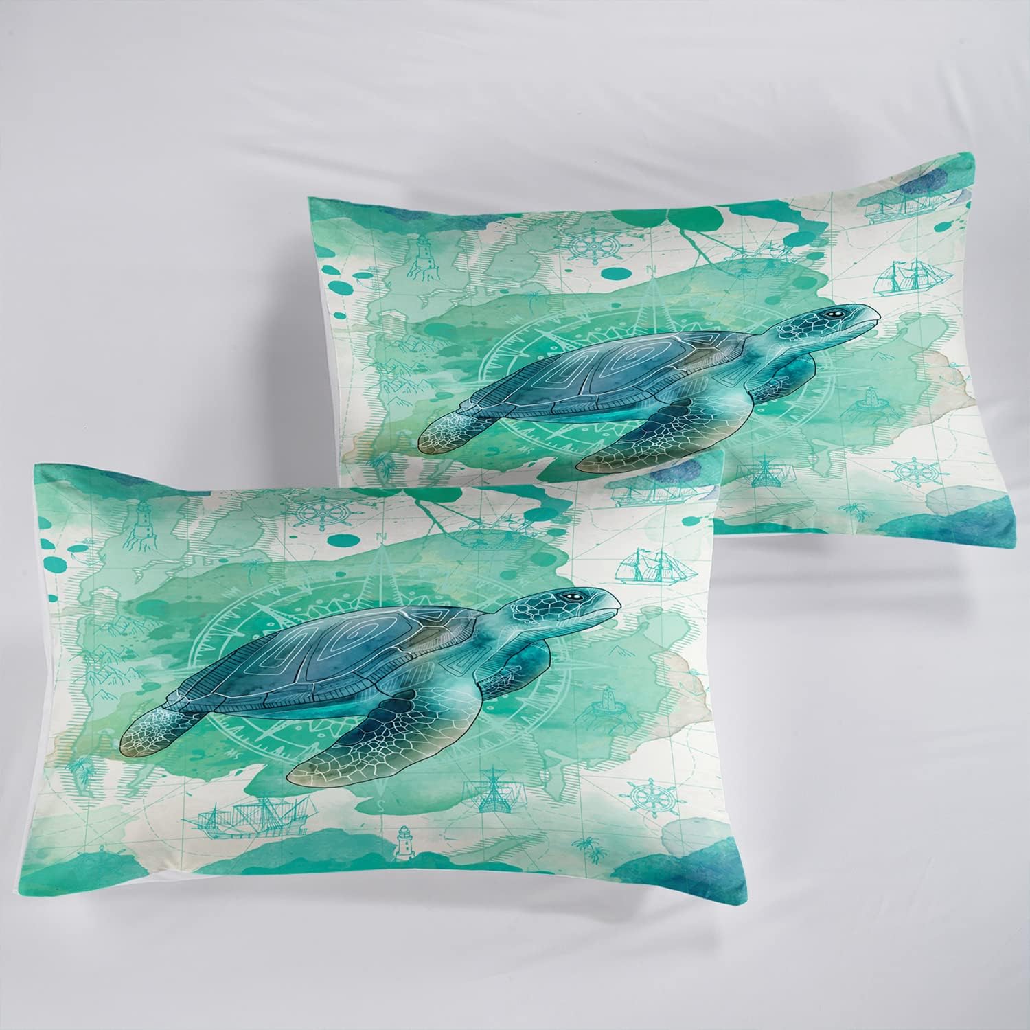 CVHOUSE Sea Turtle Fitted Sheet,Ocean Bed Sheet Set Queen Size,Turtle Bedding Set for Boys Kids Girls,1 Flat Sheet & 1 Fitted Sheet with 2 Pillow Cases - 4 Piece