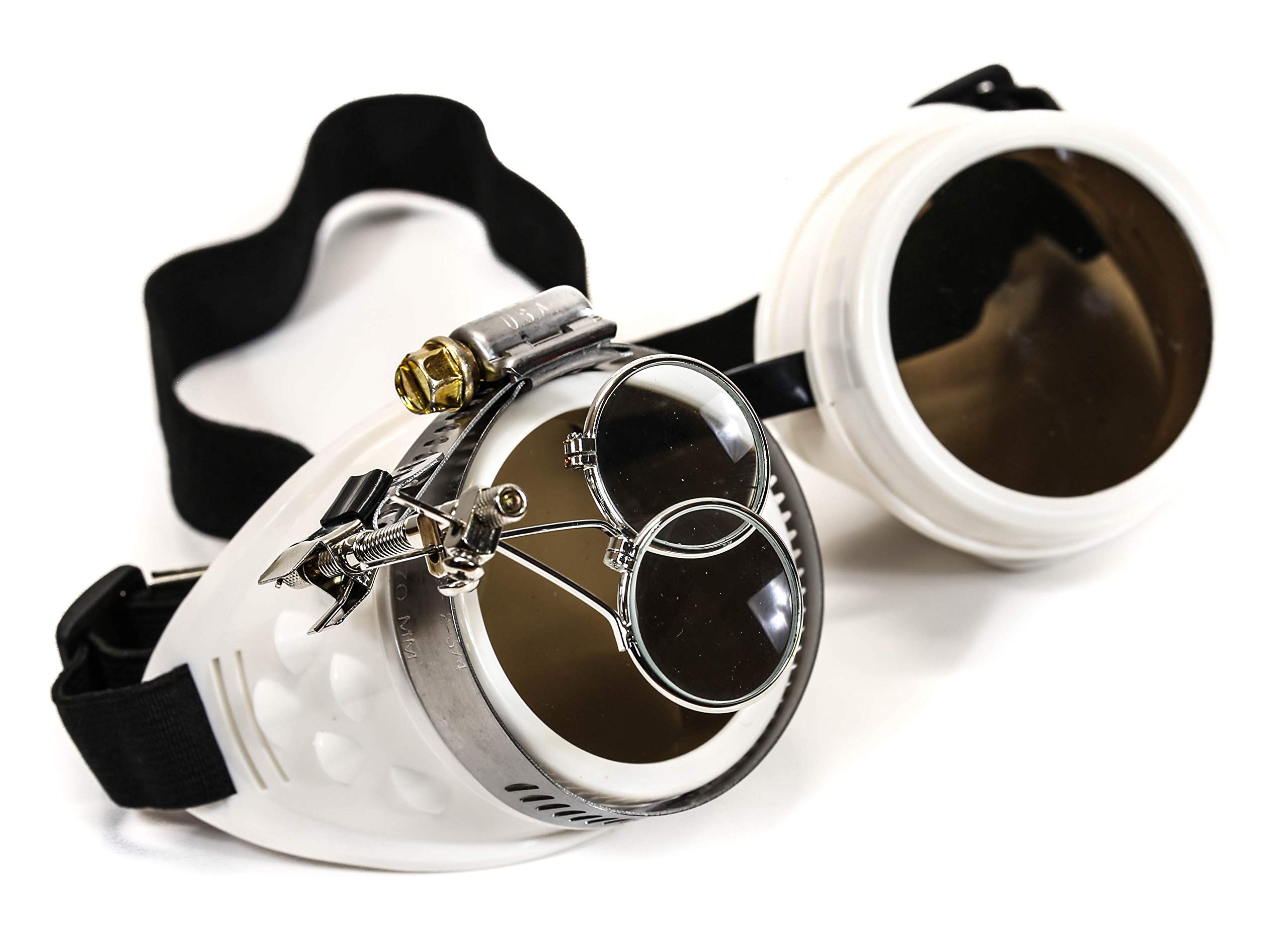 Valvetcrow White Steampunk Victorian Style Goggles Colored Lenses & Ocular Loupe Mad Scientist (Black)