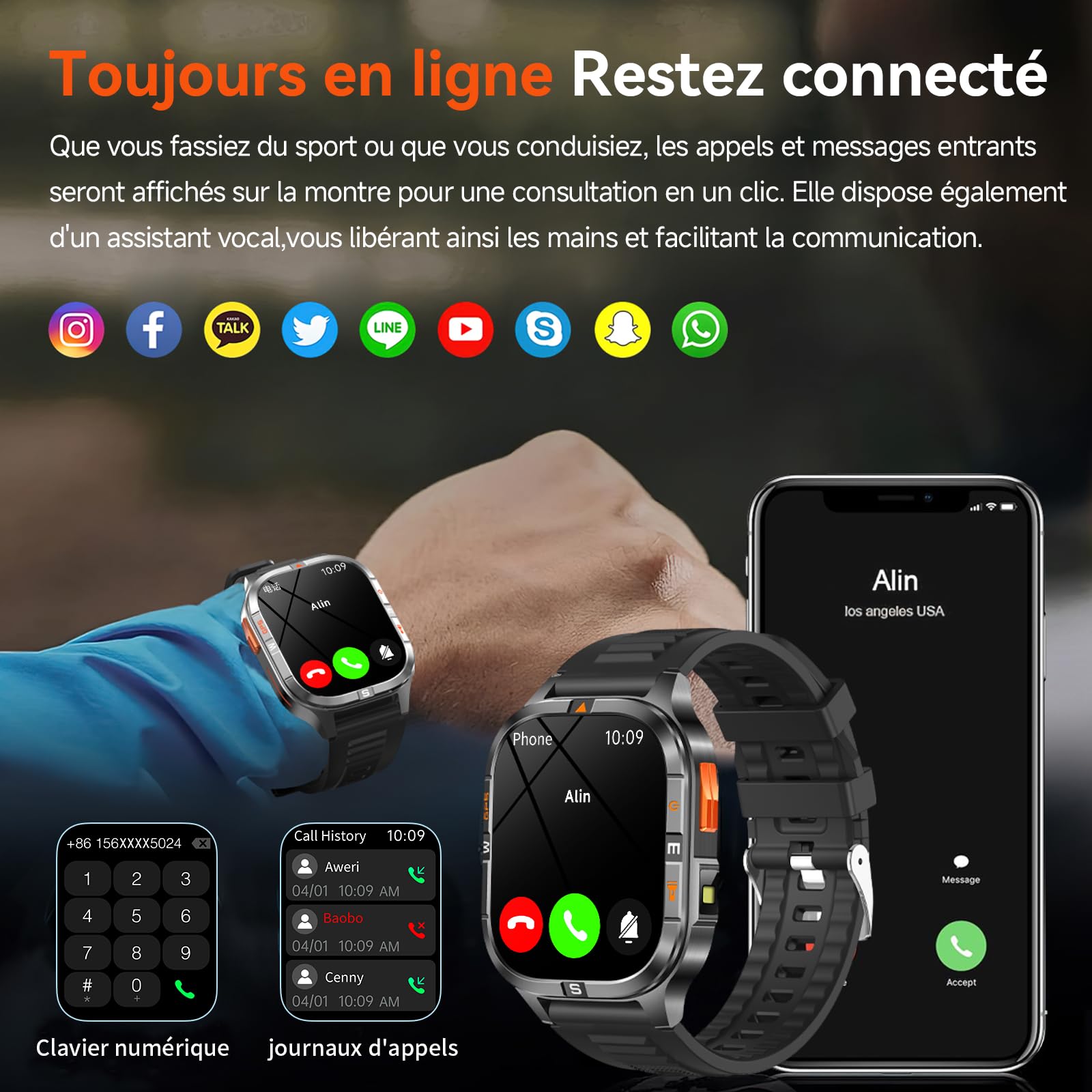 Montre intelligente GPS militaire pour hommes avec boussole/lampe de poche, montre intelligente à écran HD 2,01" avec assistant vocal/appel Bluetooth, pour Android et iOS, Montre Fitness de sport