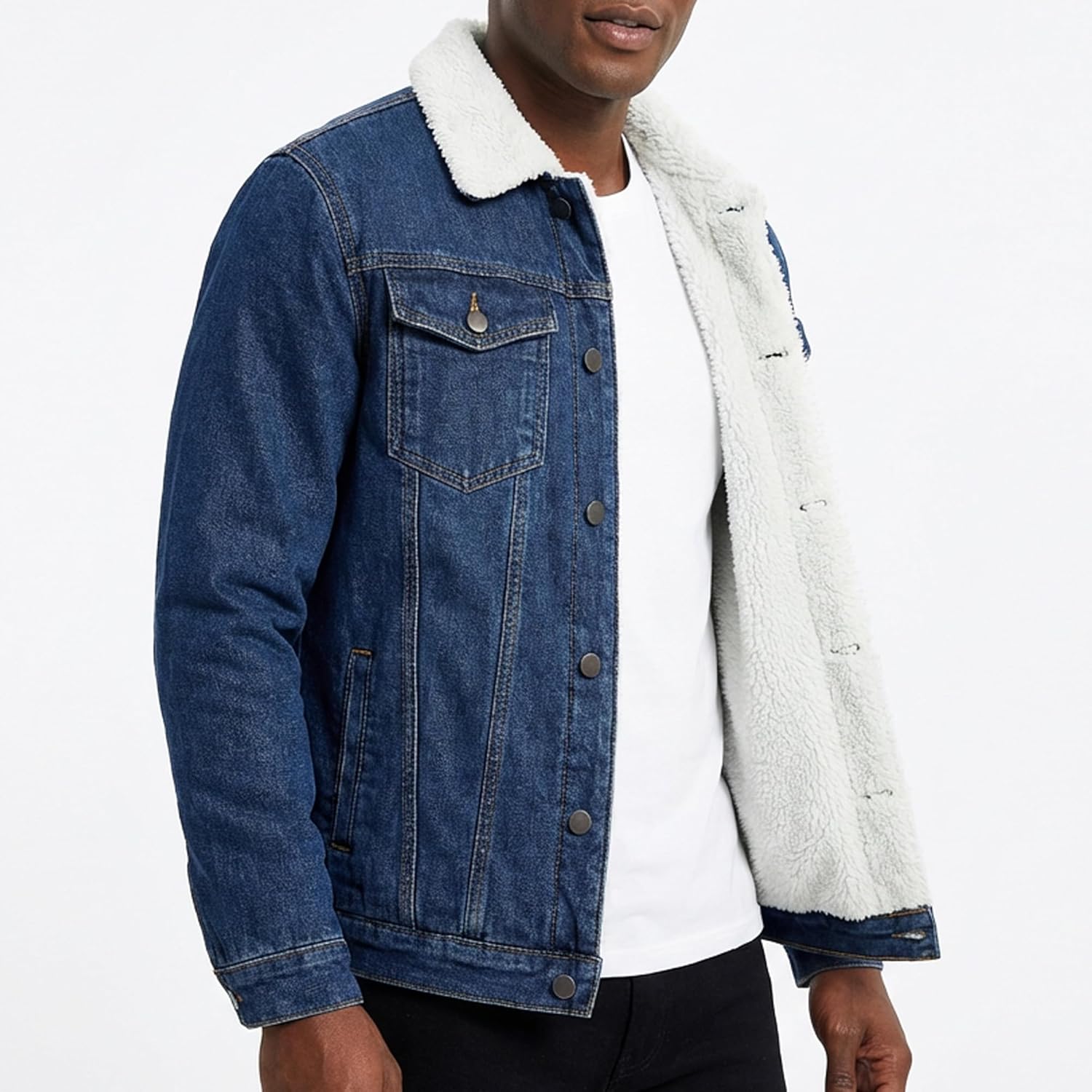 Men's Sherpa Fleece Lined Thicken Denim Jacket, Men Lapel Winter Warm Jean Jacket, Slim Fit Trucker Cowboy Denim Coat - Image 3