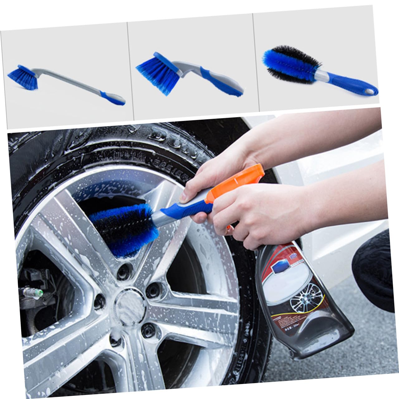 PLAFOPE Kit Spazzole Pulizia Pneumatici Auto 3 Pezzi Blu PVC Pp | Set 1 Spazzola Corta Cerchi, 1 Spazzola Corta Gomme, 1 Spazzola Lunga, per Veicoli e Imbarcazioni