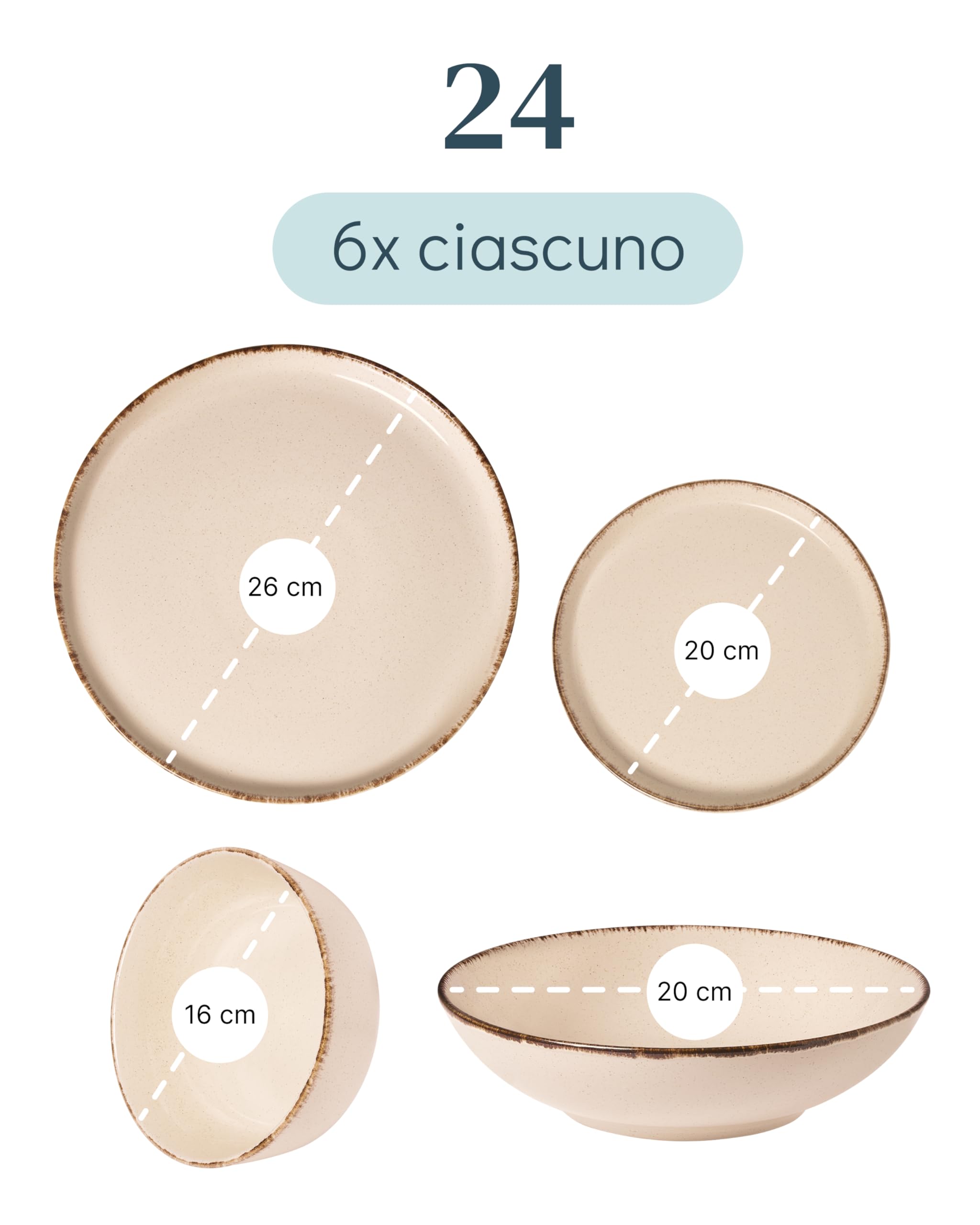 Set di Piatti in Ceramica per 6 Persone Rustic 24 Pezzi - Design Rustico e Moderno, Lavabili in Lavastoviglie - Set di Ciotole e Piatti Colorati - Pure Living beige