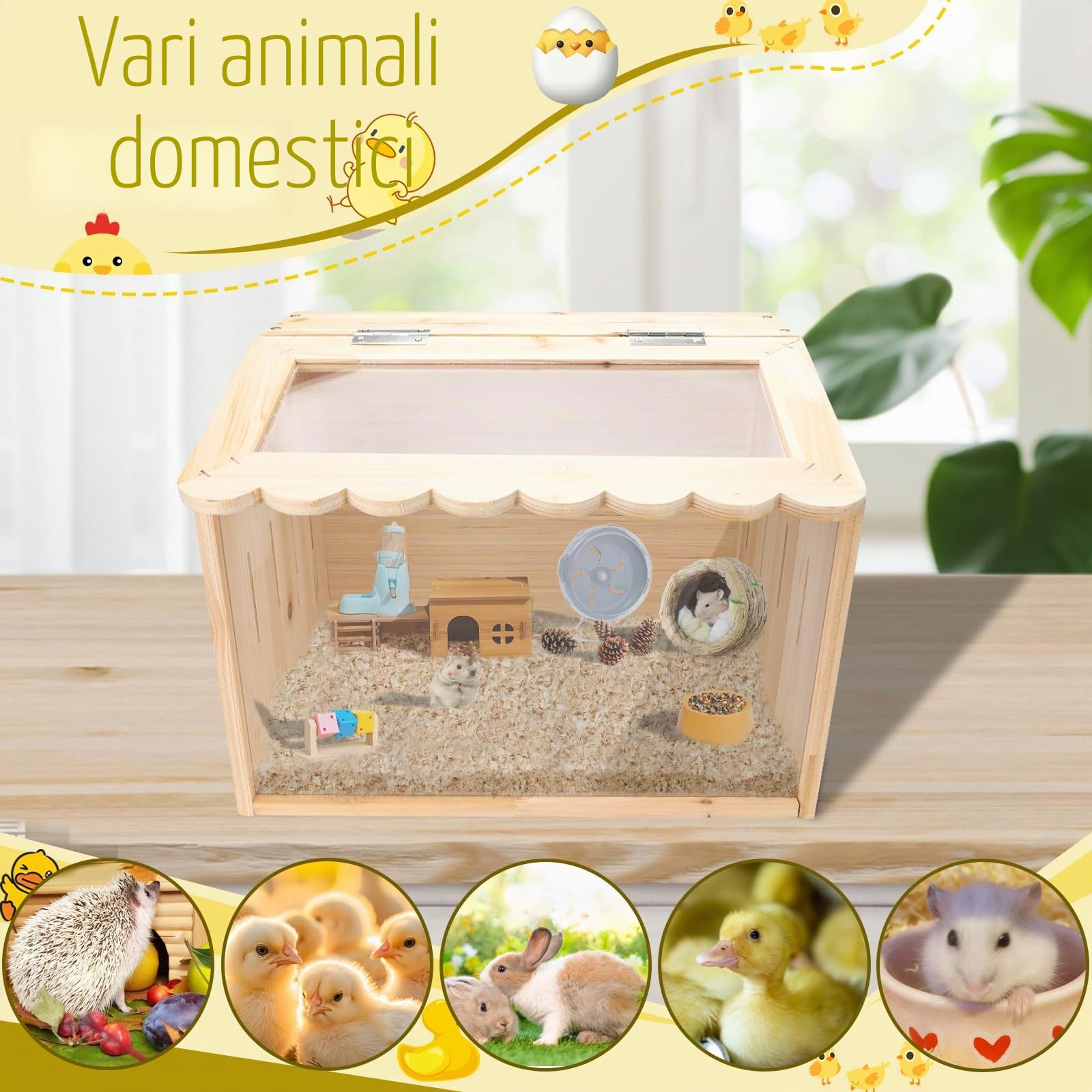 Grande gabbia per polli, 40 x 30 x 30 cm, in legno per pulcini, recinto per animali con copertura per pulcini, criceti, tartarughe, rettili