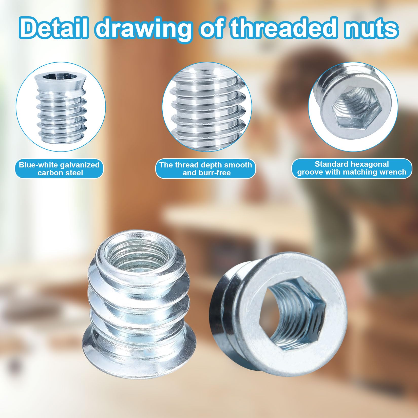 50 Pz Inserti Filettati Dado M6 x 10mm, Rivetti Filettati, Boccole Filettate per Legno, Dado Avvitabile Manicotti Filettatio, Bussole Filettate a Esagono Incassato per Mobili Legno
