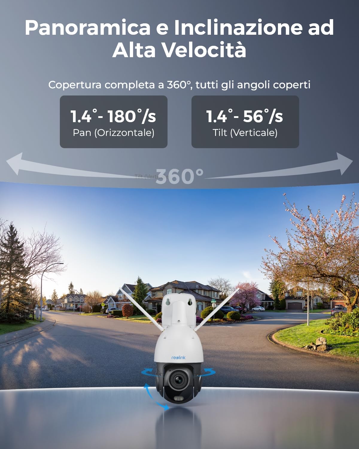 Reolink 4K 8MP Telecamera Wi-Fi Esterno con Zoom Ottico 5X, Pan 360° e Tilt 90°, Dual-Band Wi-Fi 6, Auto-Tracking, Notturna a Colori/Infrarossi, Audio Bidirezionale, Rilevamento Smart, RLC-823S1W