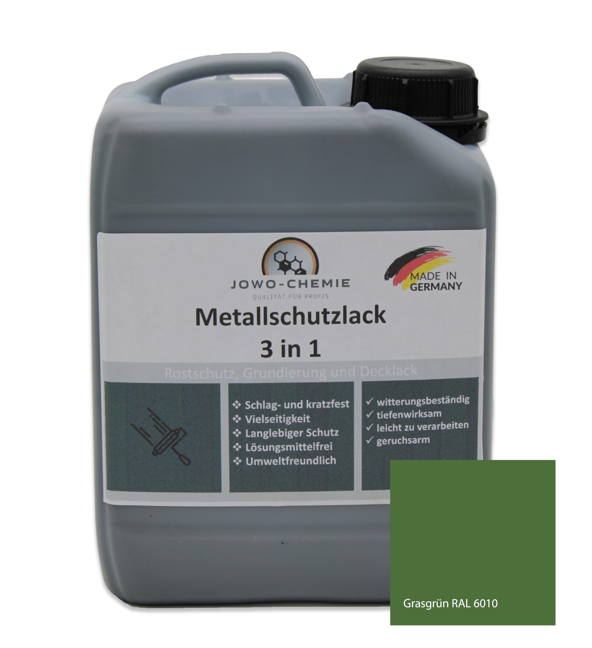 Farba do metalu (2,5 kg), lakier ochronny do metalu 3 w 1, trwała ochrona i wysoka trwałość, kompleksowe rozwiązanie do ochrony i uszlachetniania powierzchni metalowych (zielony trawiasty RAL 6010)