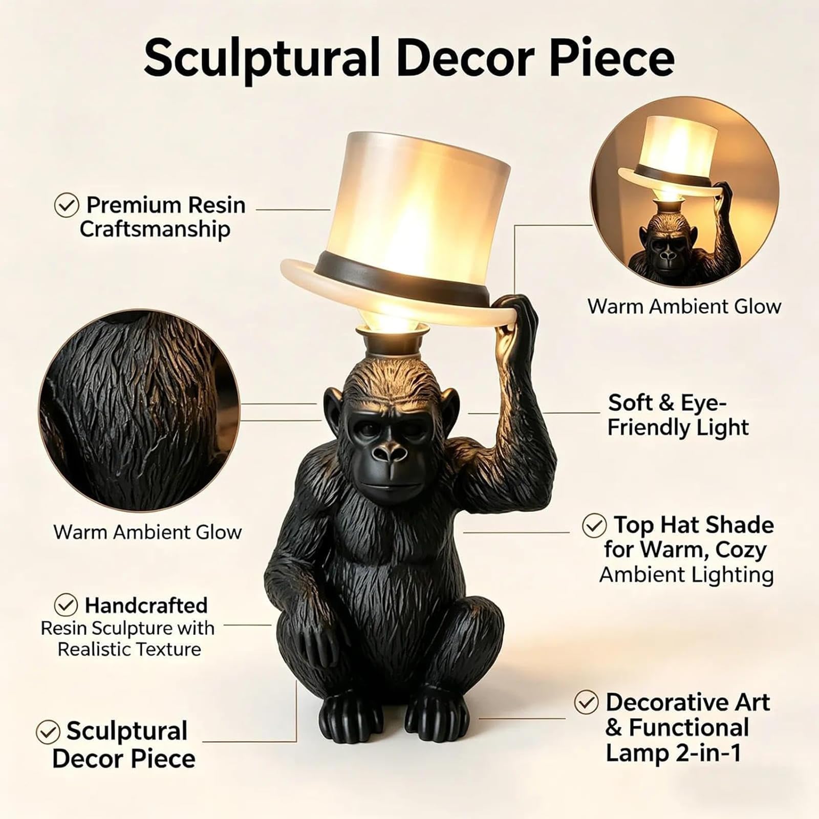 HTU Lampada da tavolo scimmia con cappello cilindro, decorativa e creativa, ideale per ufficio e stanza, 2 pezzi