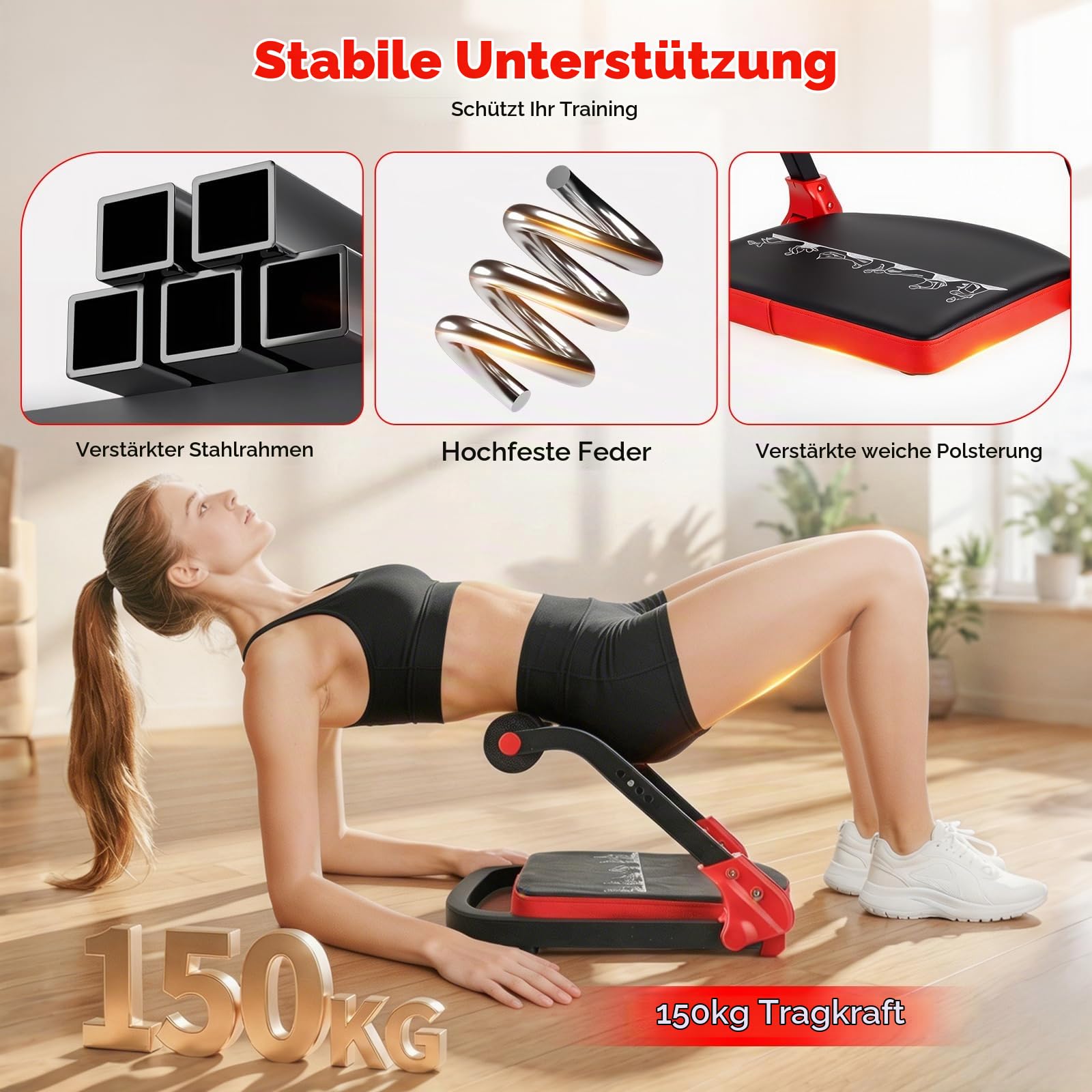 Bauchtrainer für Zuhause 4 Widerstandsstufen – Ganzkörper Core-Trainer für Zuhause, 150 kg belastbar, tragbares Fitnessgerät für Sit-ups, Arme & Beine