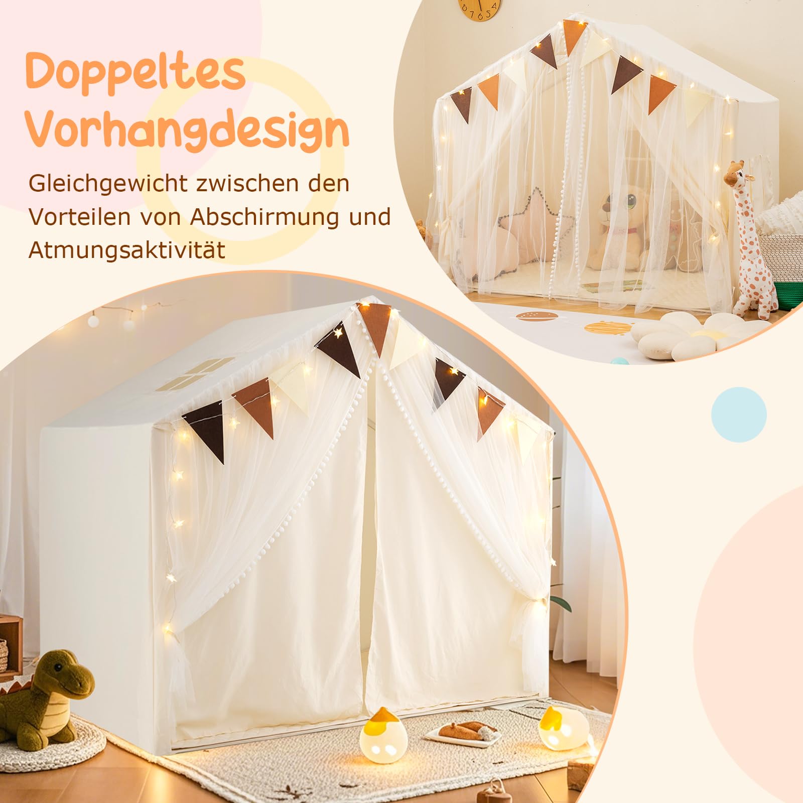 GOPLUS Spielhaus Kinder Indoor, Spielzelt groß mit Vorhängen, Fenstern, Sternenlichtern, bunten Flaggen & gepolsterter Matte, waschbares Kinderzelt für Mädchen & Jungen ab 3 Jahren (Beige)