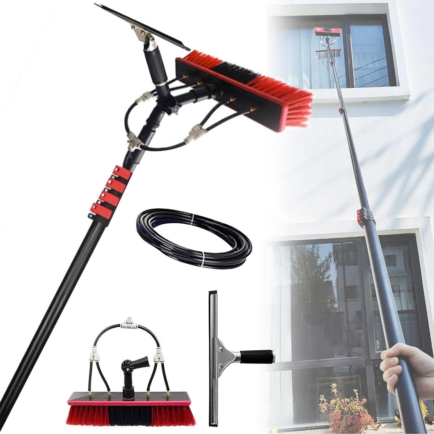 GTHTUHFD Water Fed Pole Kit, Adjustable Window Cleaning Pole, 180° Rotatable Brush Head, Telescopic Cleaning Brush, For Outdoor Window Glass Solar Panel,7.2M/23.6Ft,10.8m/35.4ft