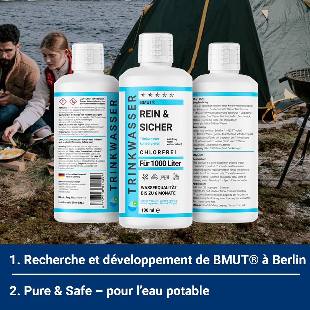 1x 100ml Traitement de l'eau potable Conservation pour 1000 litres empêche les germes – Pur & Sûr – Caravane, Camping, Réservoir, Extérieur, Urgence