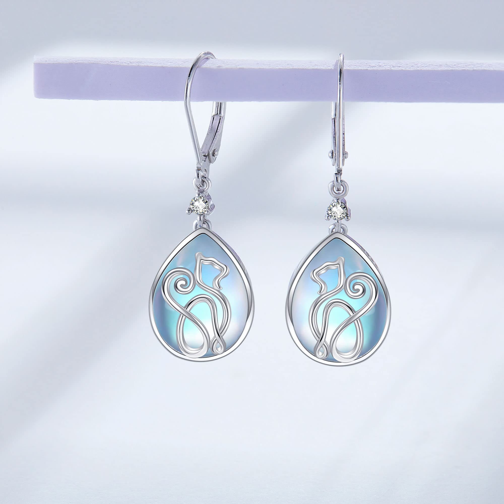 Sterling Silber Katze Mondstein Ohrringe - Schmuck Geschenke für Frauen und Mädchen Katzenliebhaber