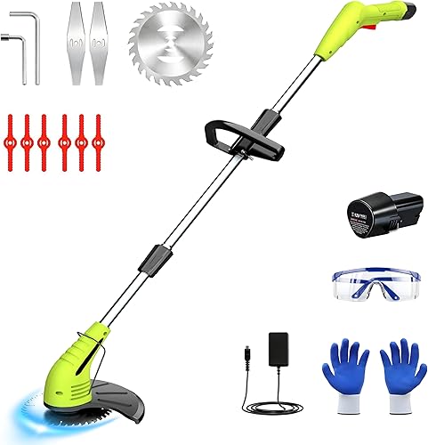 GardenJoy Weed Wacker a Batería: Recortadora de Césped Inalámbrica de 12V con Batería de 2.0Ah, Cargador Rápido y 3 Tipos de Cuchillas de Corte