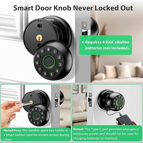 Miniatura 5 de Perilla inteligente para puerta, cerradura de huellas dactilares 4 en 1, entrada sin llave (huella dactilar, aplicación, códigollave) Puerta