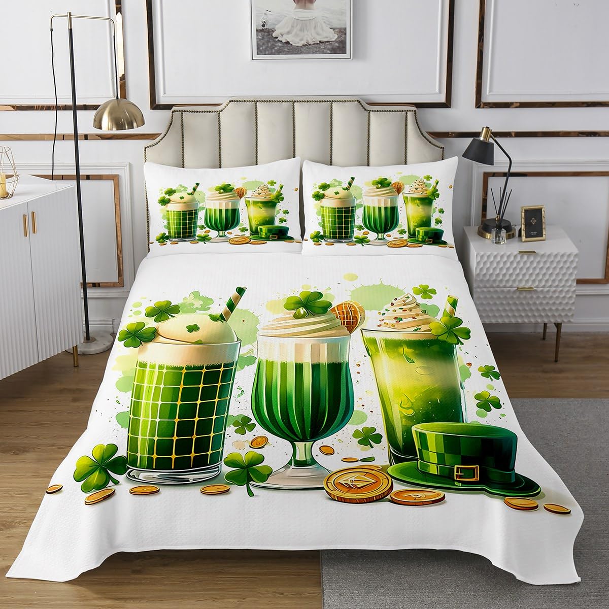 jejeloiu Kids St. Patrick's Day Quilted Coverlet Queen Size Flavored Drinks Bedspread for Boys Girls Irish Hats Coverlet Set Quilted,1 Bedspread+ 2 Pillow Shams