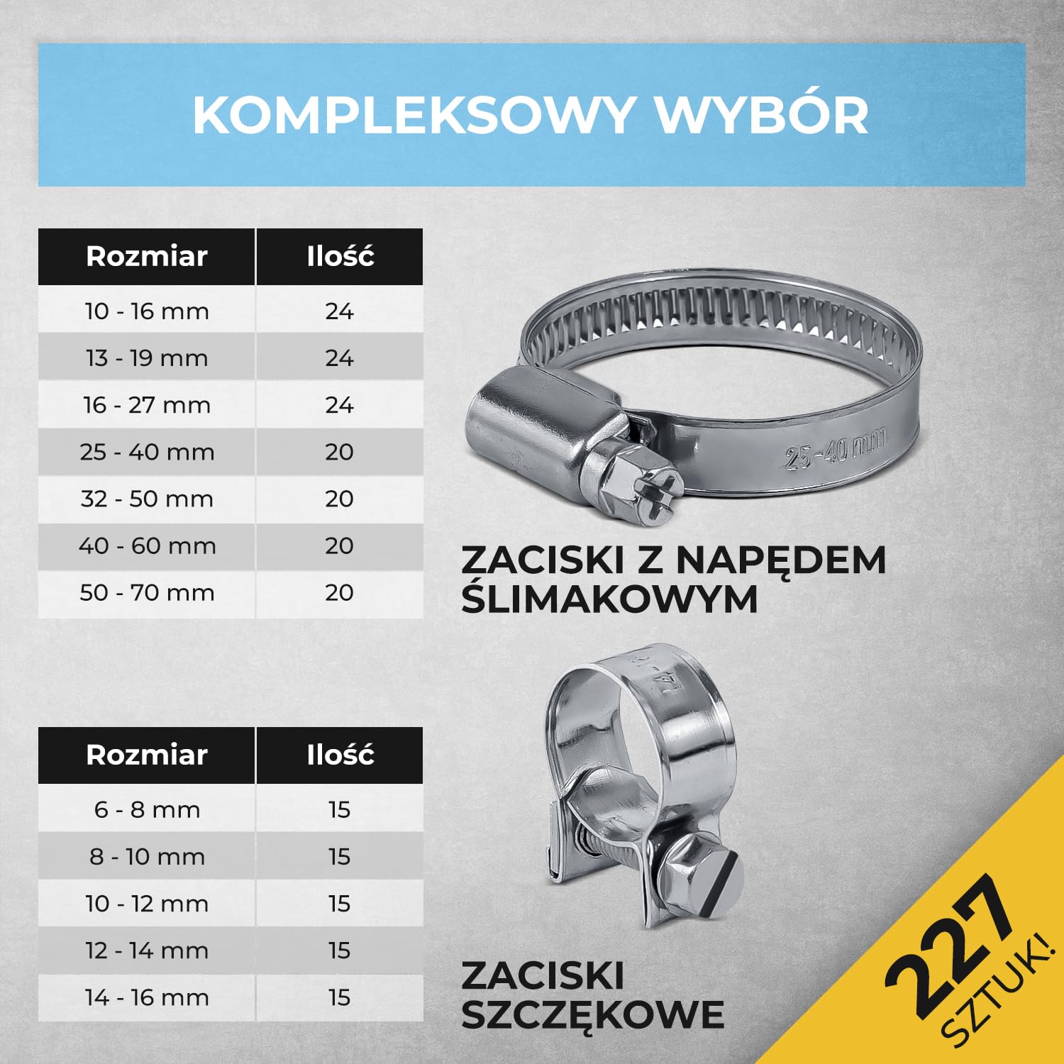 GRAFT zestaw opasek zaciskowych z uchwytem ściennym | 227 elementów | Uchwyt, śrubokręt | Zestaw obejm do rur | Regulowane zaciski do węży | Asortyment | Stojak organizacyjny