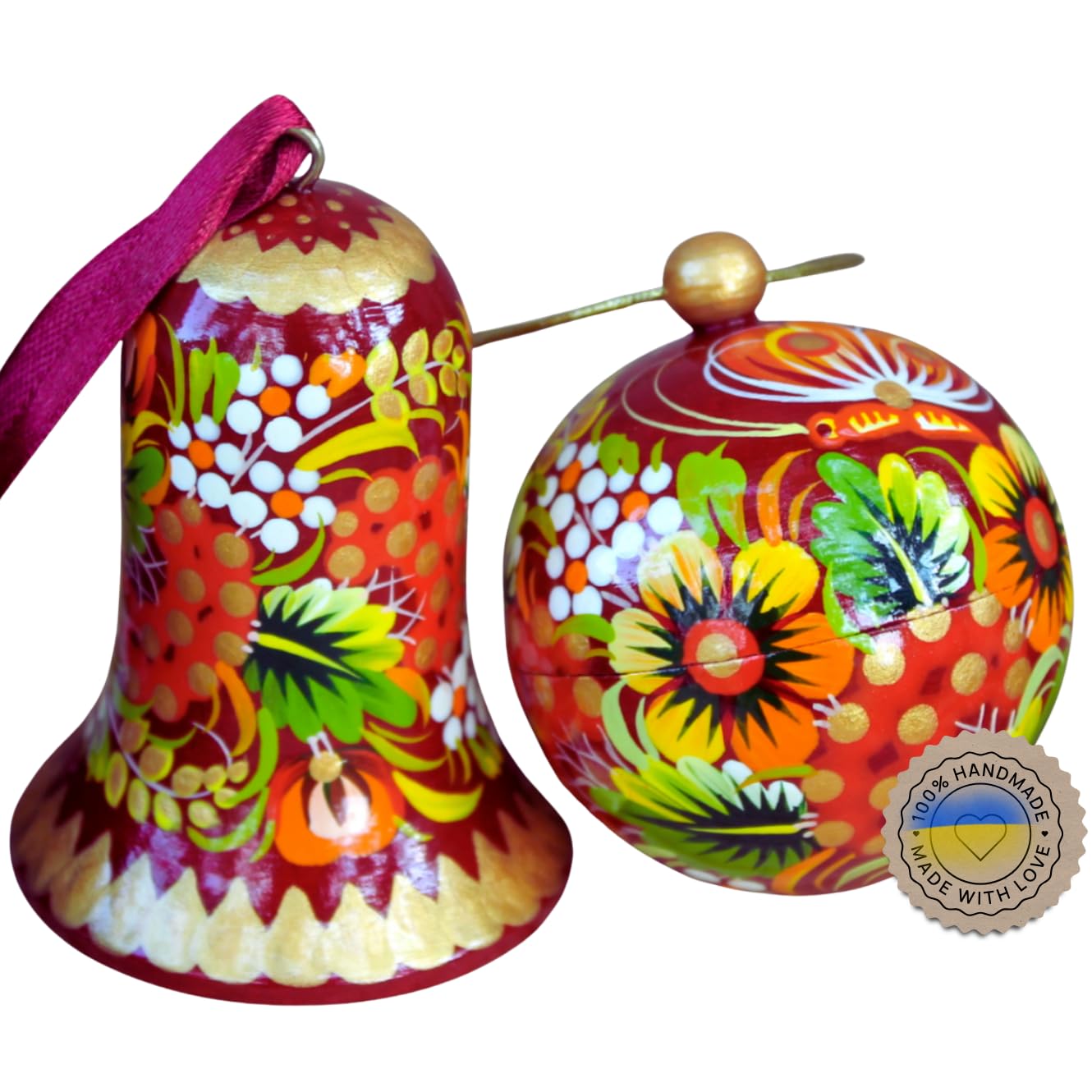 Exklusiver Weihnachtsschmuck Set aus Holz - Christbaumkugel und Glöckchen. Glocke 6.5 und Christbaumkugel 7 cm, lässt sich öffnen, Traditionelles Kunsthandwerk