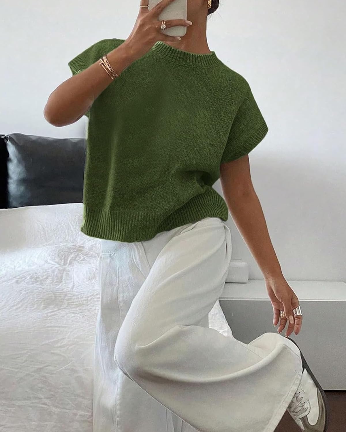 Short Sleeve Sweater for Women Ribbed Crew Neck Loose Fit Knit Pullover Tops - Image 5