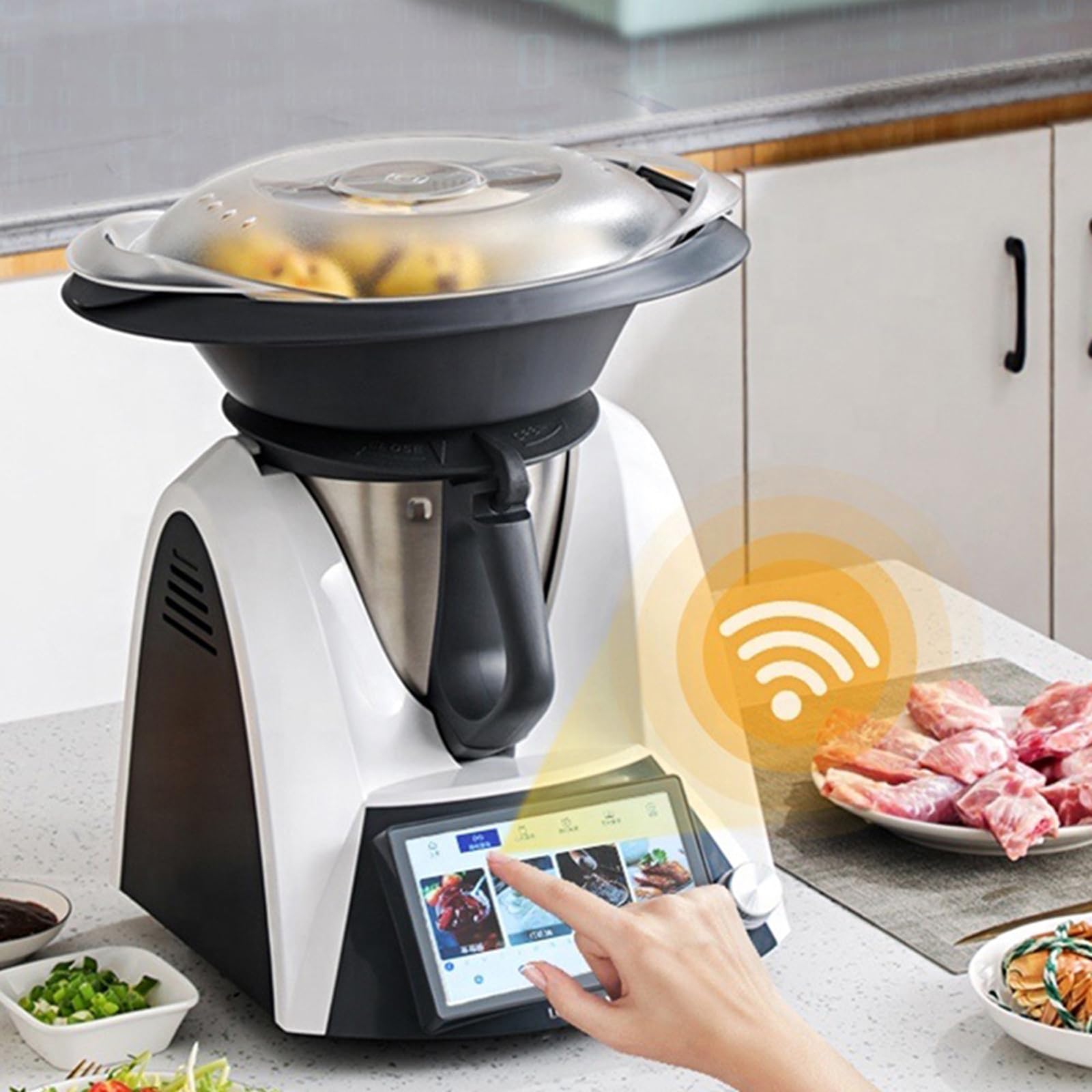Inteligentny robot kuchenny, robot do smażenia warzyw i mięsa, 7-calowy ekran dotykowy TFT z przepisami online, regulacja temperatury 37–160 ℃, wielofunkcyjna automatyczna maszyna do gotowania black