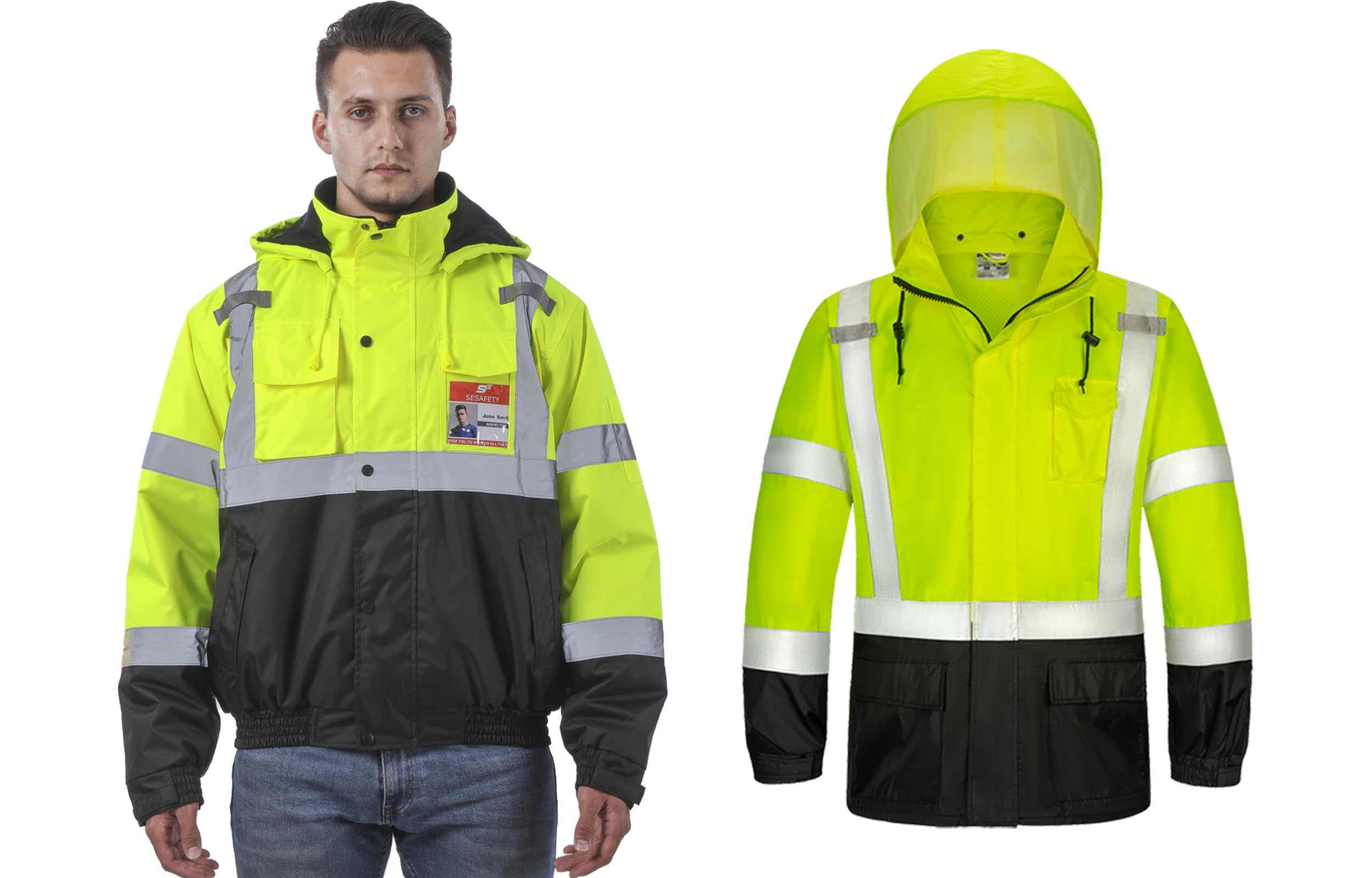 sesafetyReflective Hi Vis Winter Jacket, Class 3 High Visibility Rain Gear, Removable Hood Lime bundle (L/XL)