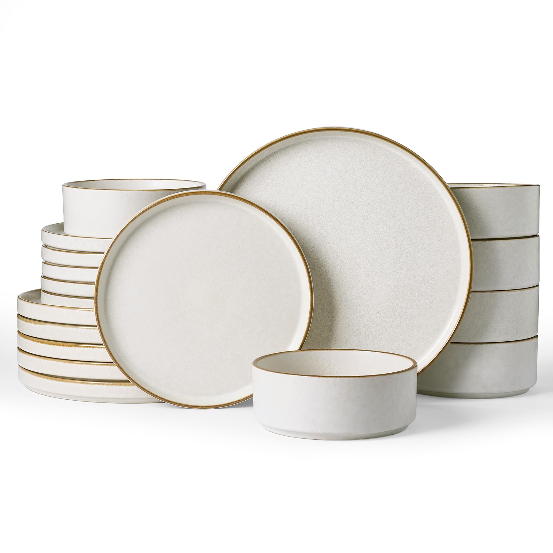 Famiware Nebula 18-Piece Dinnerware Set, Matte Beige White with Brown Rim