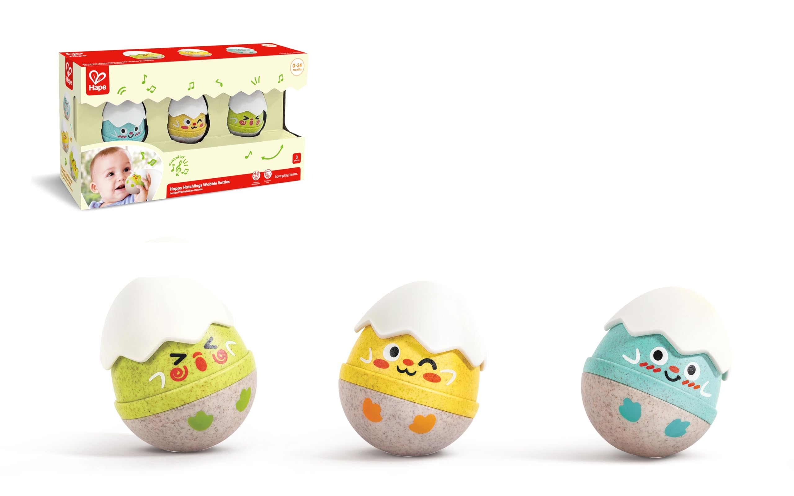 Hape - Happy Hatchlings Wobble Rattles, Baby Sensory Toy with Soft Sound, 0M+