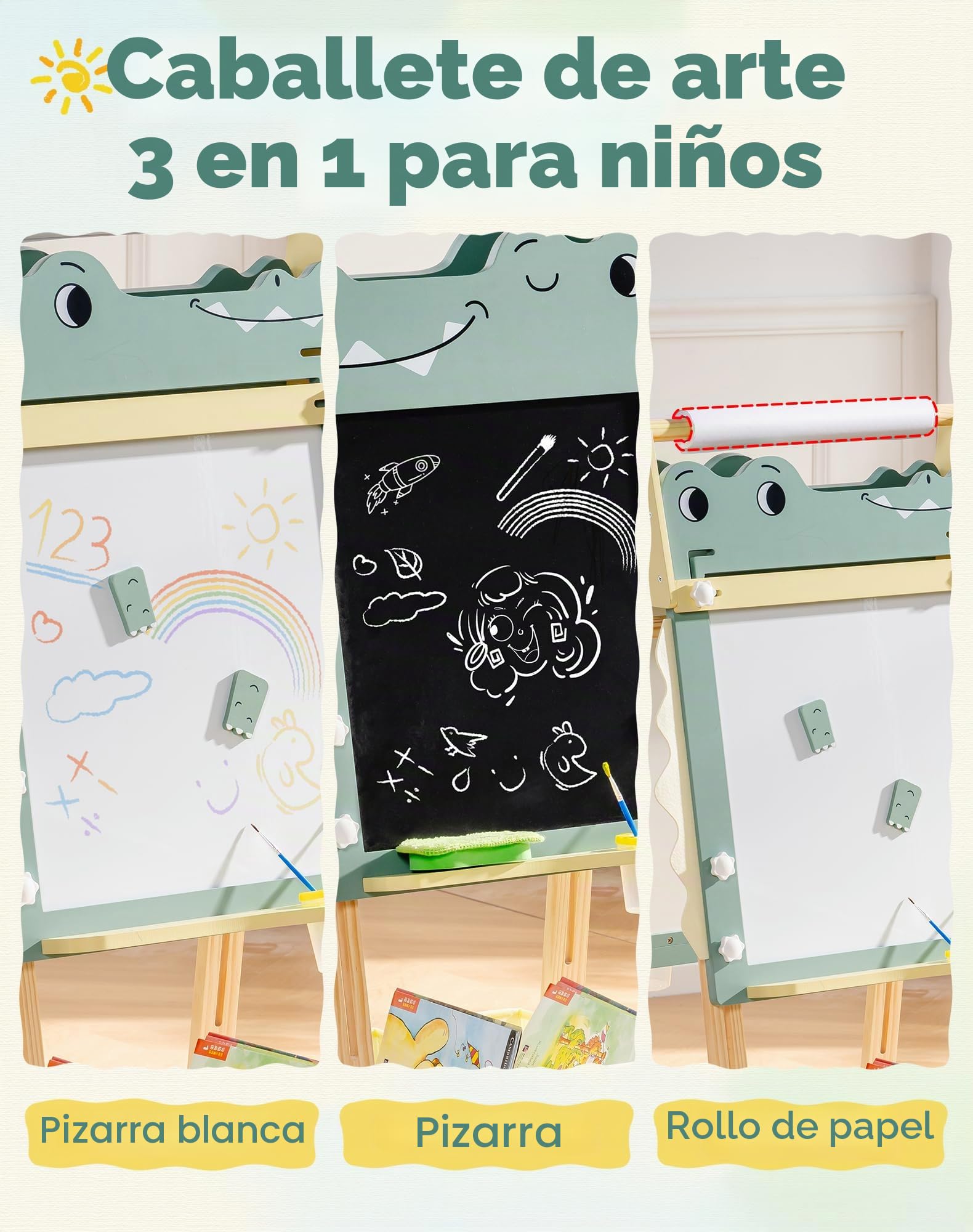 ROBUD Caballete de madera para niños, pizarra blanca de doble cara y pizarra con rollo de papel, tablero de dibujo ajustable en altura con imanes, macetas de pintura, bandeja de almacenamiento, diseño