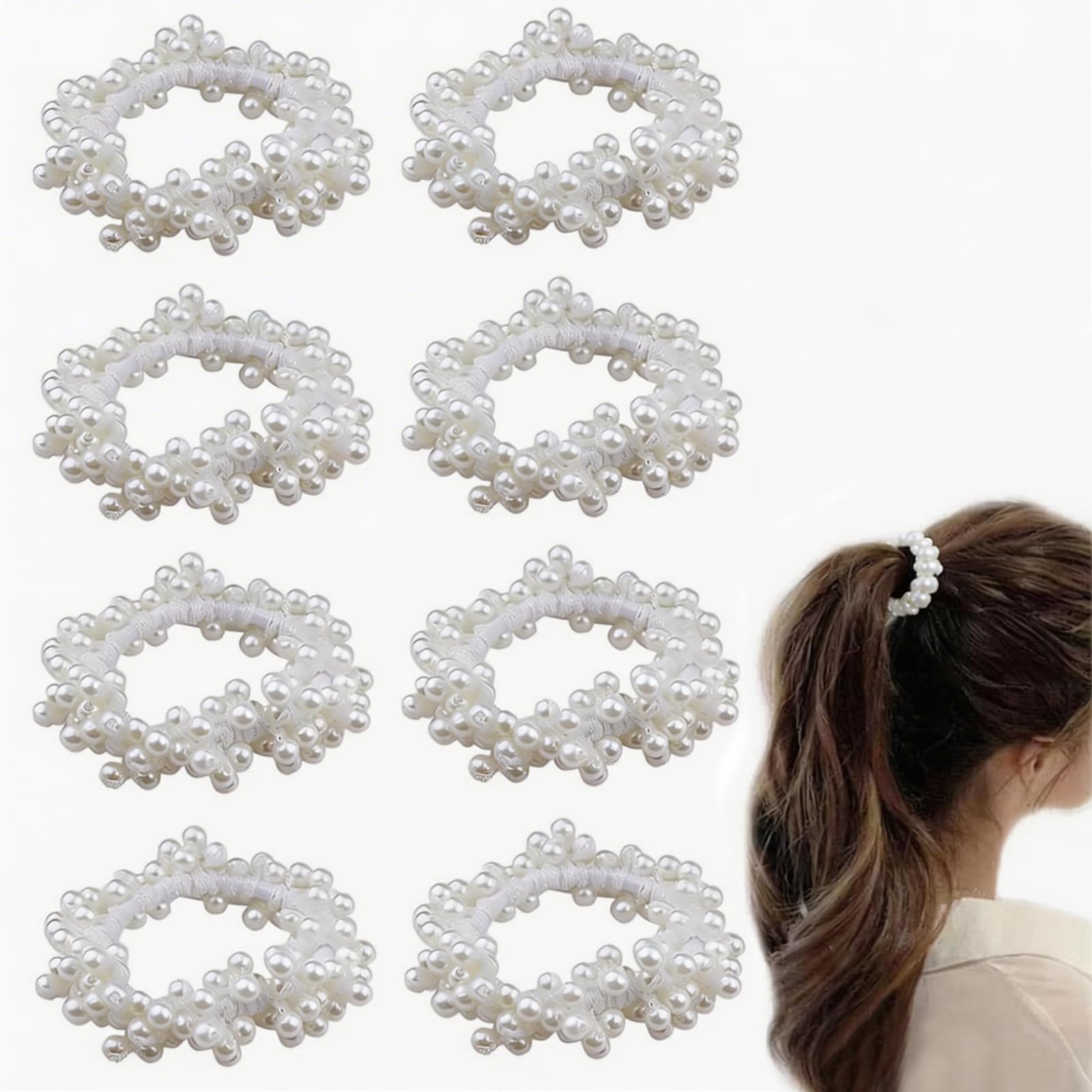 8 PCS Pearl Hair Ties White Elastic Scrunchie Stretch Ponytail Holders Fancy Beaded Thin Hair Bands Elegant Stylish Bead Hair Rope Anti-slip Hair Accessories for Women and Girls