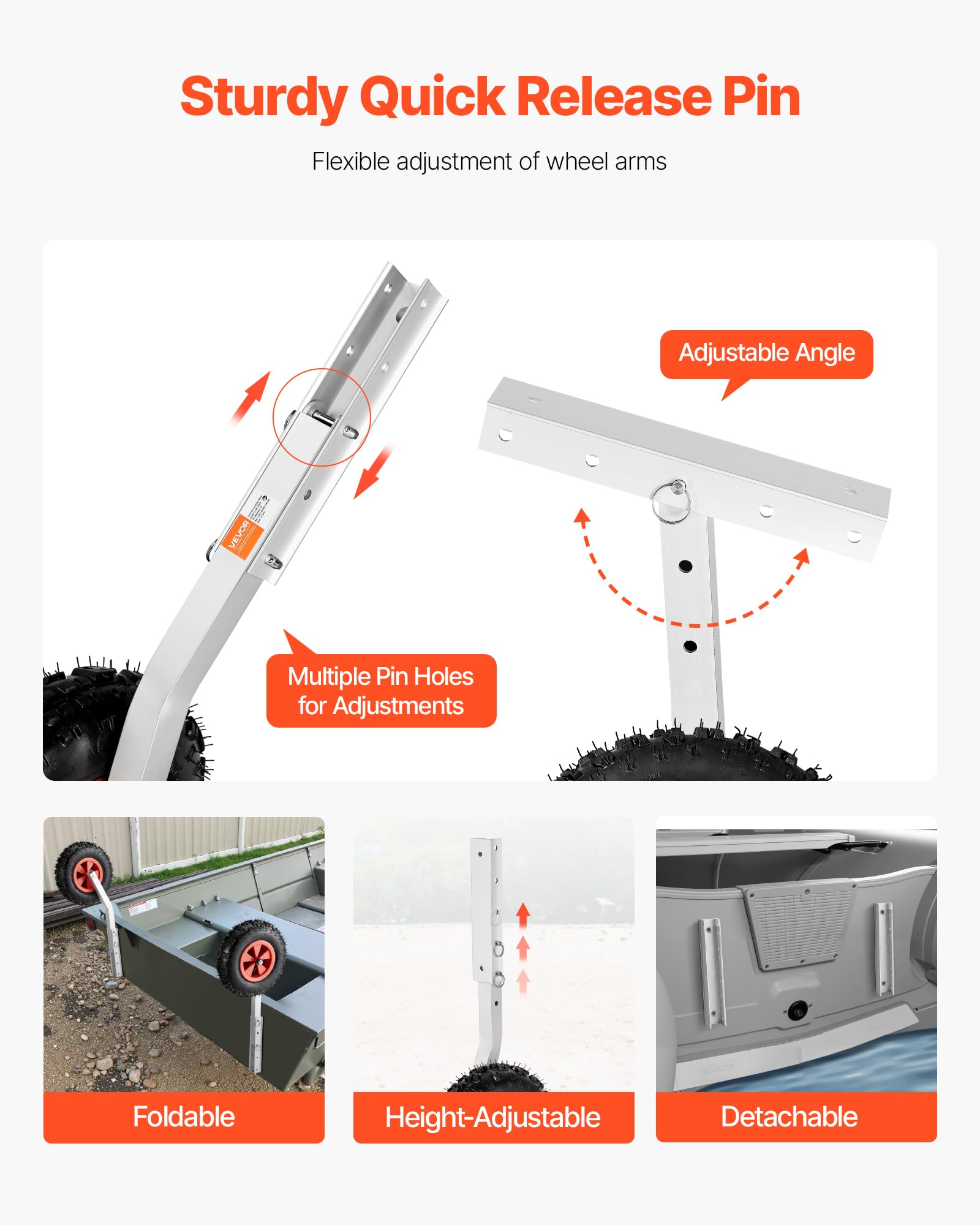 VEVOR Ruedas de Lanzamiento de Barco de 304,8 mm, Carga máxima 226,8kg, Ruedas de Botadura de Acero Inoxidable con 2 Neumáticos de Goma y Pasadores para Transporte, Barco Inflable hasta 4m de Longitud