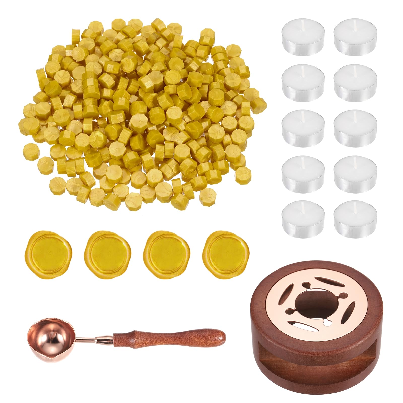 PATIKIL Wax Seal Kit, 300 Pcs Wax Sealing Beads, Wooden Warmer, Melted Spoon, 10 Pcs Tealight Candles for Envelope Letter Mailing Crafts DIY, Bright Yellow