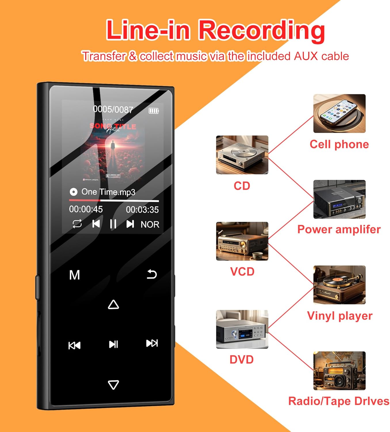 SWOFY D50 MP3 Player demonstrating line-in recording from various audio sources.