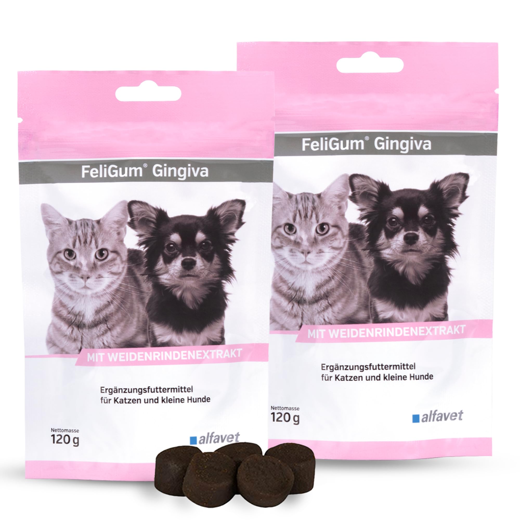 alfavet FeliGum Gingiva | Pack Double | 2 x 120 g | Complément Alimentaire pour Chats et Petits Chiens | avec extrait d'écorce de Saule et acides Gras oméga-3 | Délicieuses Gouttes à mâcher