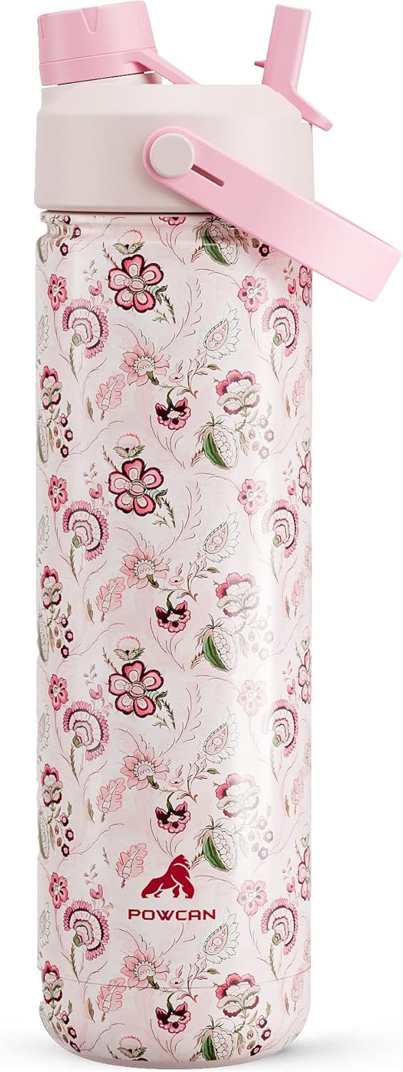 POWCAN 26 oz Insulated Water Bottle with 2-in-1 Straw and Spout Lid, Keep Cold 24H, Leak-Proof, Fits in Car Cup Holder, Stainless Steel Water Bottle for Sports, Travel, Gym and School (Pinkwild Bloom)