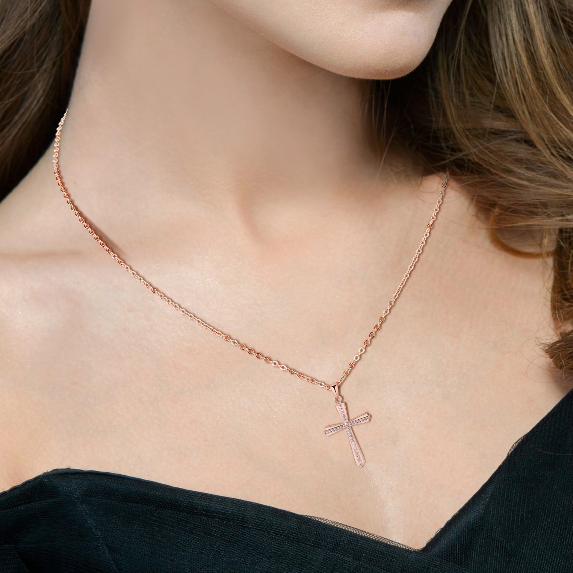 GAVU Collana in Argento con Ciondolo Croce con Piccoli Diamanti da Donna