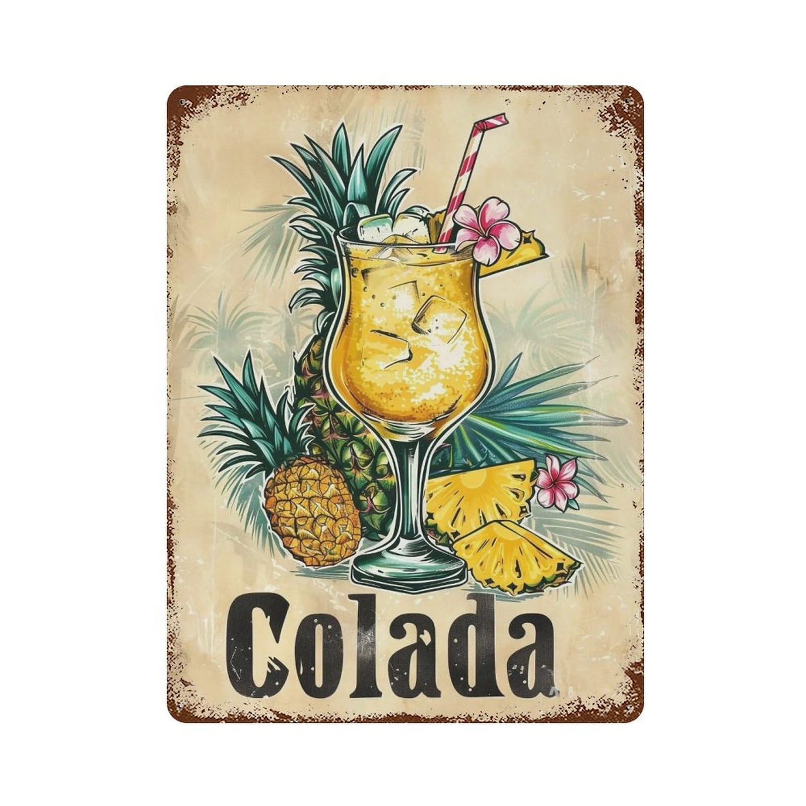 YHGERTKU Linocut Tiki Bar Pina Colada Drink Fruit 04 Wall Art Retro Iron Vintage Metal Tin Sign Poster Modern Decor for Living Rooms Gift 40x30cm