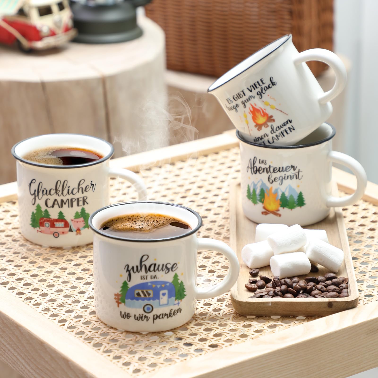 Camping Tasse Becher zum Campen Ausrüstung Geschenke für Camper Familie Womo-Bewohner Freunde Deko für Wandern Wohnwagen Wohnmobil Ausflüge 4 Stück