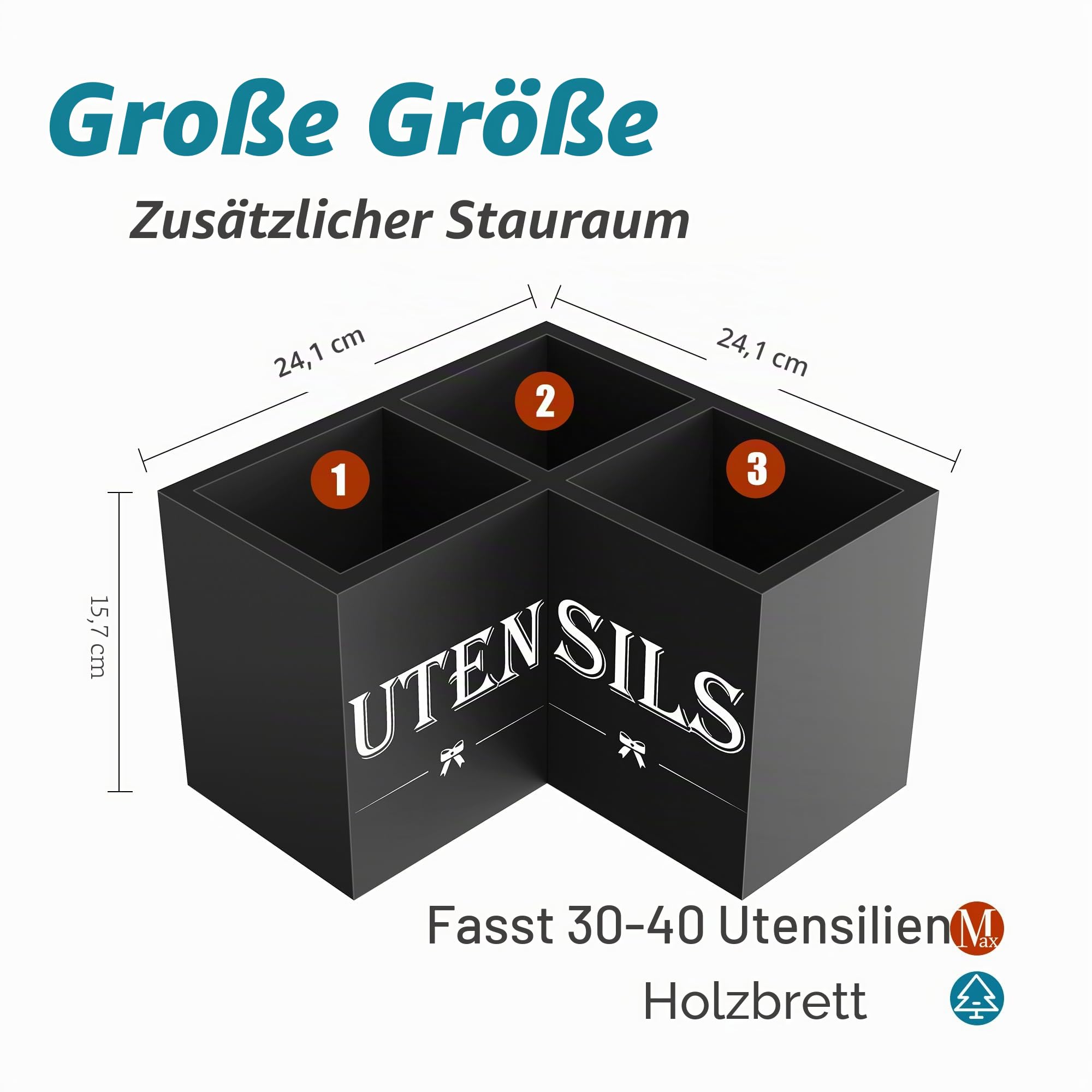 Suli Extra-Großer Küchenutensilienhalter mit 3 Fächern, Eckutensilienhalter für die Arbeitsplatte, Holzutensilienorganisator für die Küchenarbeitsplatte, Bauernhaus-Dekoration – Schwarz