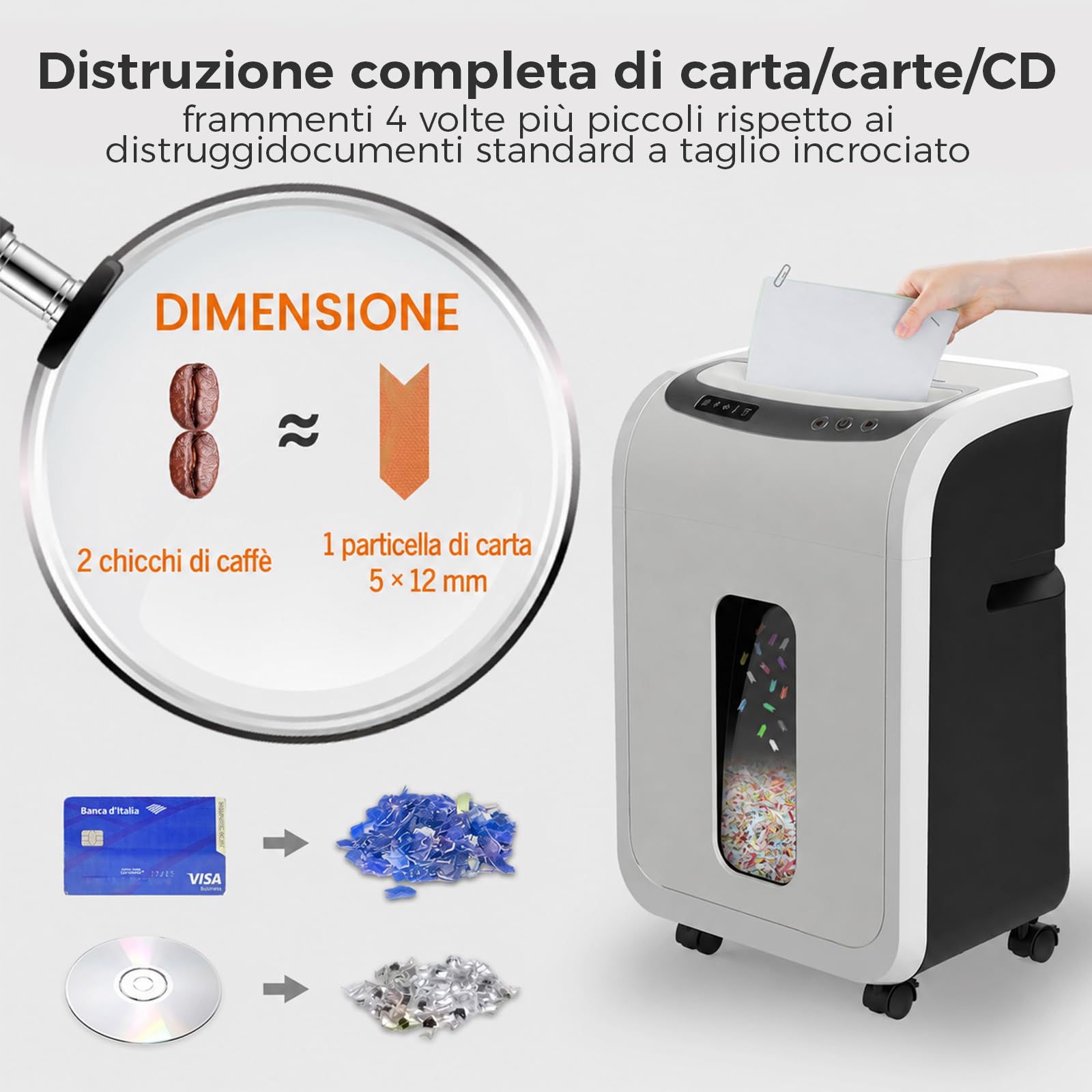 VidaTeco Tritadocumenti 9 Fogli Micro-Cut P-5 20L per Ufficio e Home Office | Distruggidocumenti con Triturazione a Microtaglio,20 Litri Distrugge CD e carte di credito Graffette Bianco