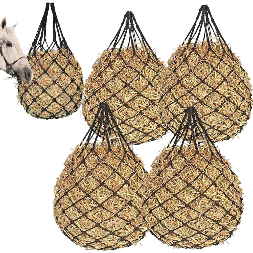 FARYODI Pack of 4 Hay Net, Hay Net for Horses, Growth Net, Tight Mesh 6 x 6 cm Growing Feed Net, Hay Rack Net with Hanging Accessories, for Slow Eating, Also for Sheep Goats (Black)