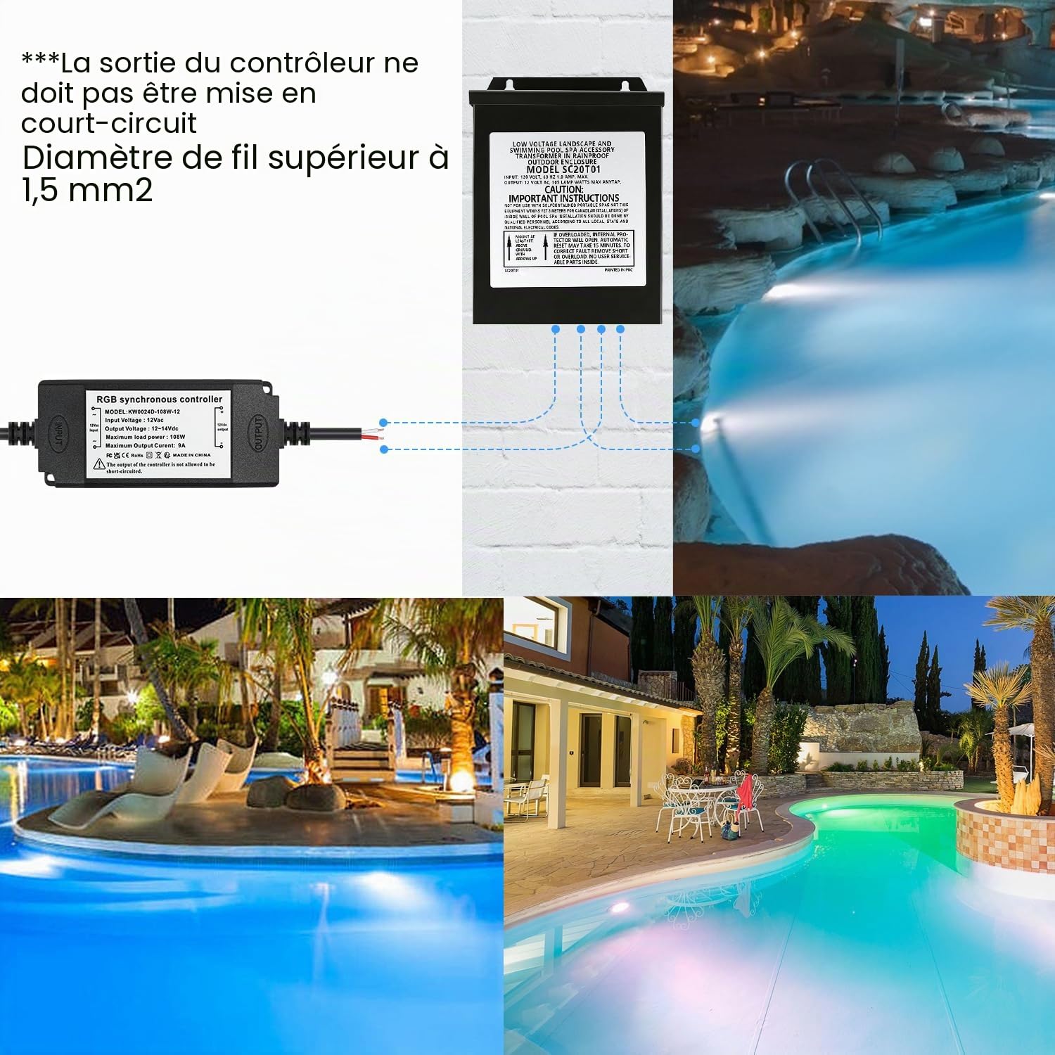 Lot de 2 spots LED 54 W PAR56 RVB, 12 V Timing 2/4/6H Projecteur LED pour piscine, synchronisé avec l'extérieur de la télécommande, IP68