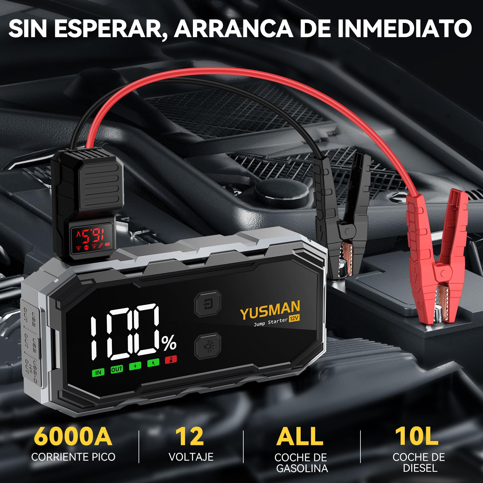 YUSMAN Arrancador de Coche,7000A Arrancador de Baterias de Coche,12V Arrancador de Portátil con para All Gasolina o 10L Diesel, Linterna LED de Emergencia,Carga Rápida, Pantalla LCD Extragrande
