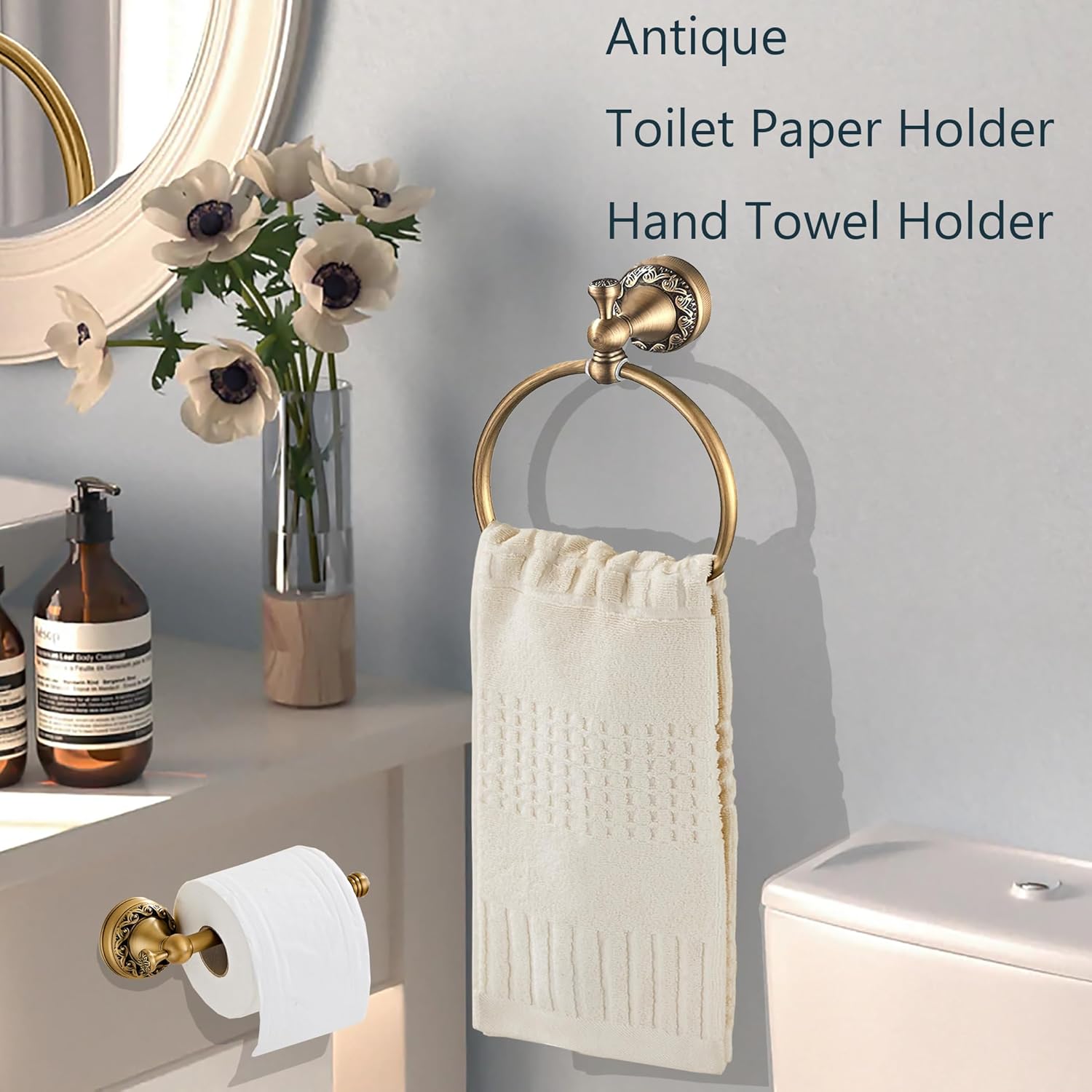 Antique Brass Toilet Paper Holder, Antique Hand Towel Ring Retro Hand Towel Holder Tissue Roll Paper Hanger Bathroom Accessories Wall Mounted Vintage 2 Pieces